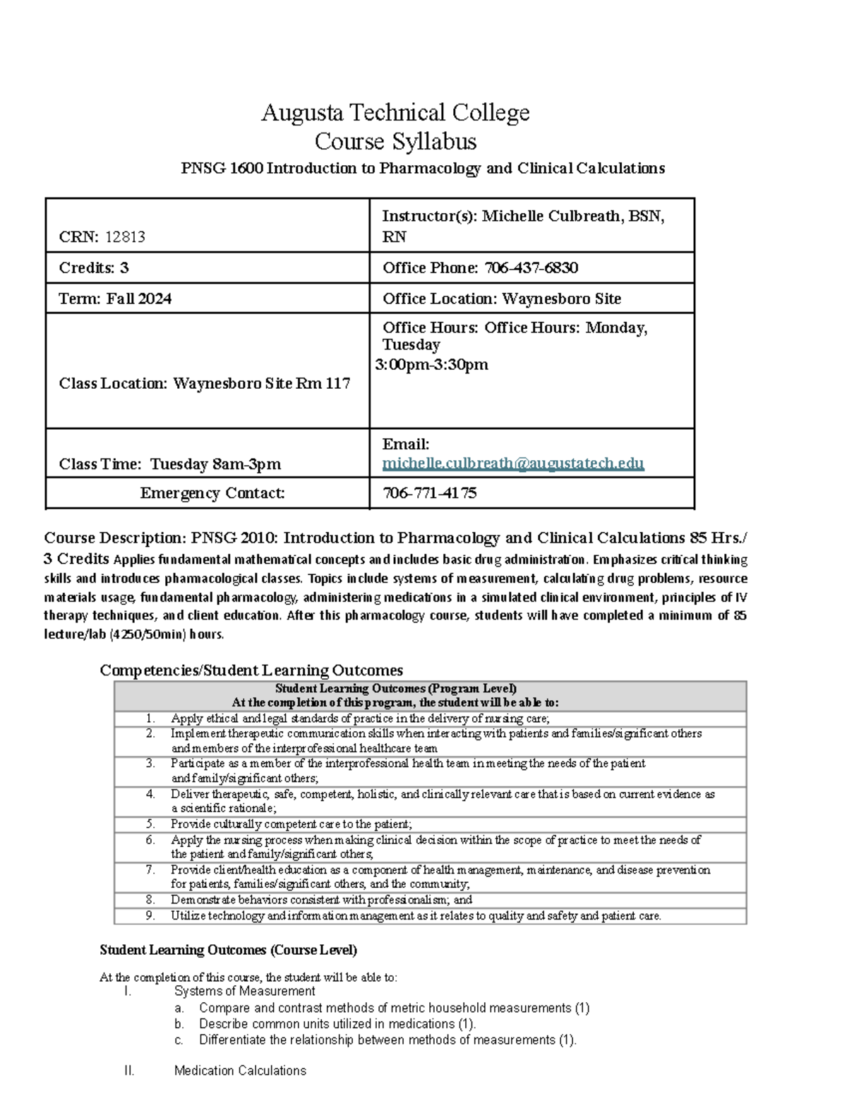 Pharmacology Syllabus - Augusta Technical College Course Syllabus PNSG ...