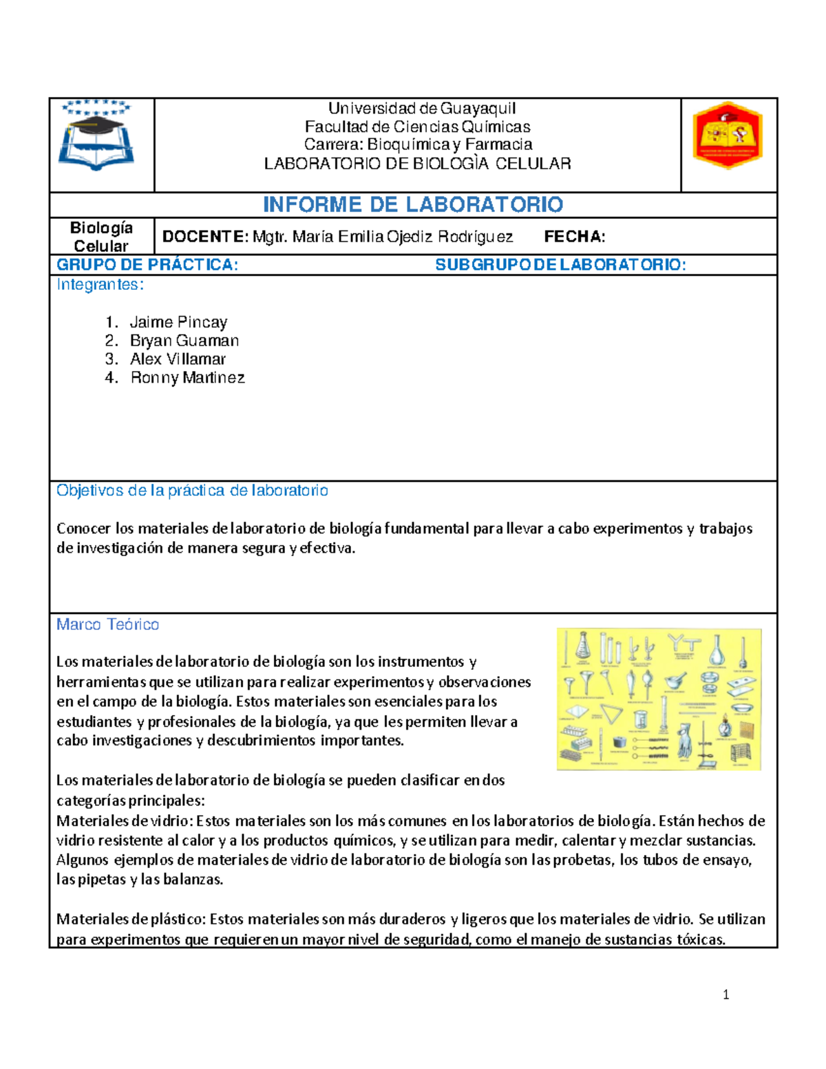 Materiales Del Laboratorio Informe Universidad De Guayaquil Facultad