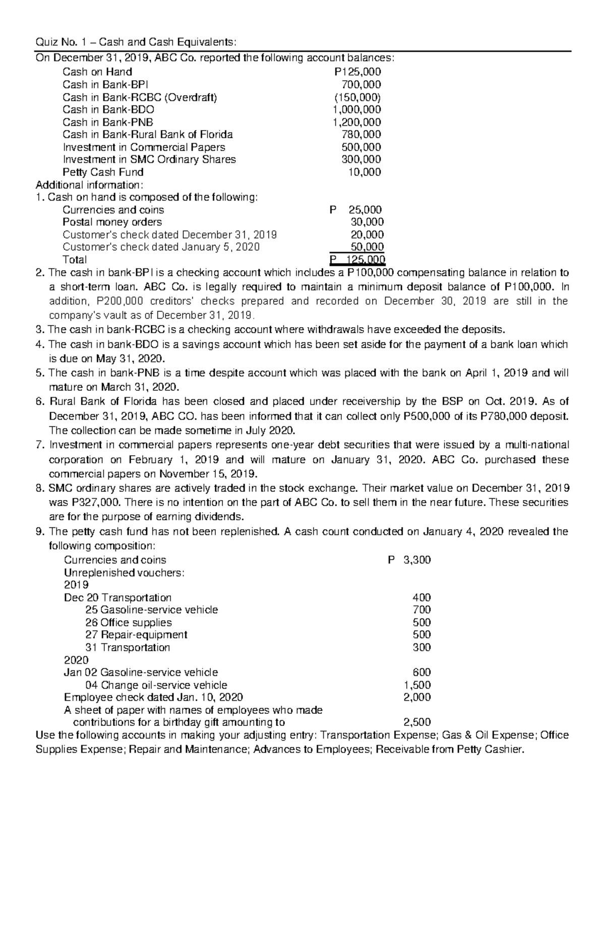 Quiz No. 1 - Cash And Cash Equivalents - Quiz No. 1 – Cash And Cash ...