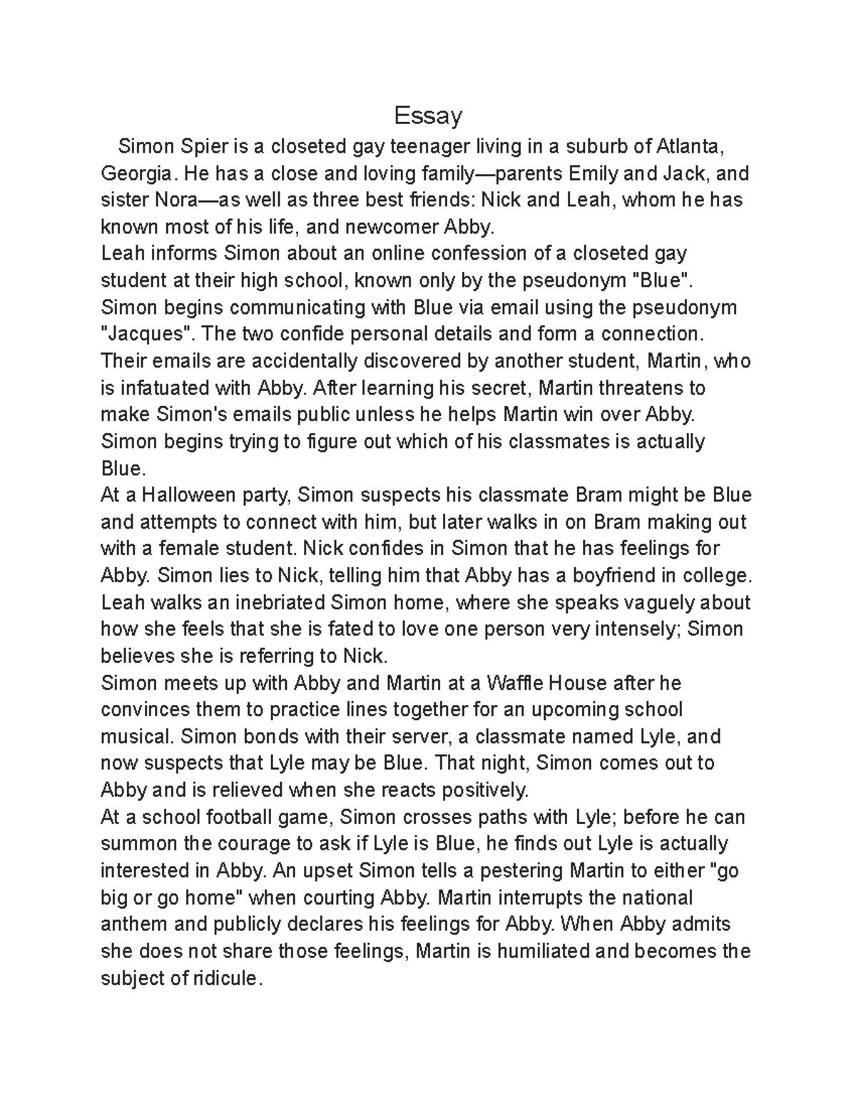Essay - homework example - Essay Simon Spier is a closeted gay teenager ...