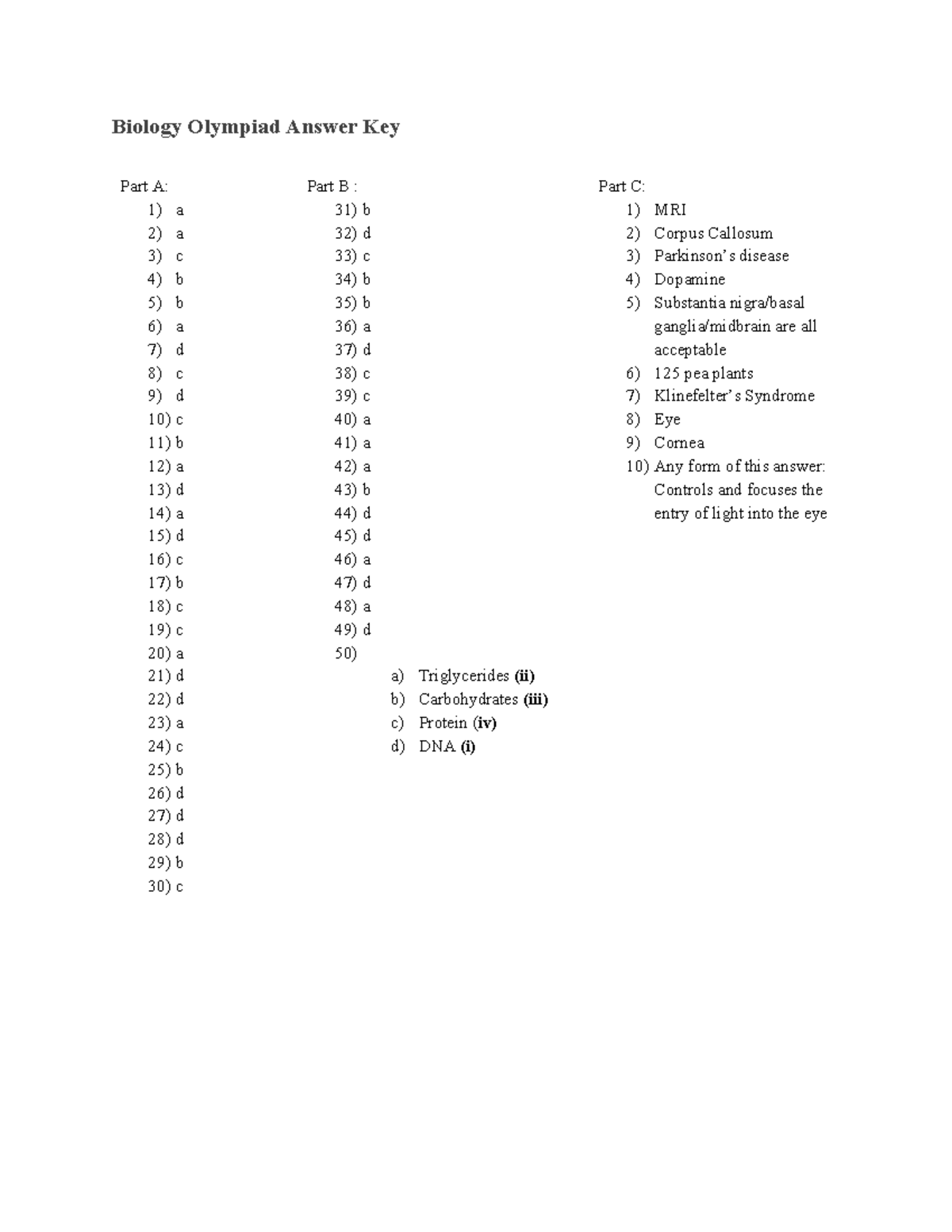 SCIENCE BOWL PRACTICE QUESTIONS Biology Olympiad Answer Key Part A 1