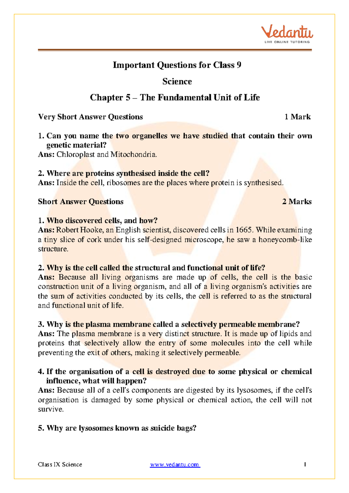 CBSE Class 9 Science Chapter 5 Fundamental Unit of Life Important ...