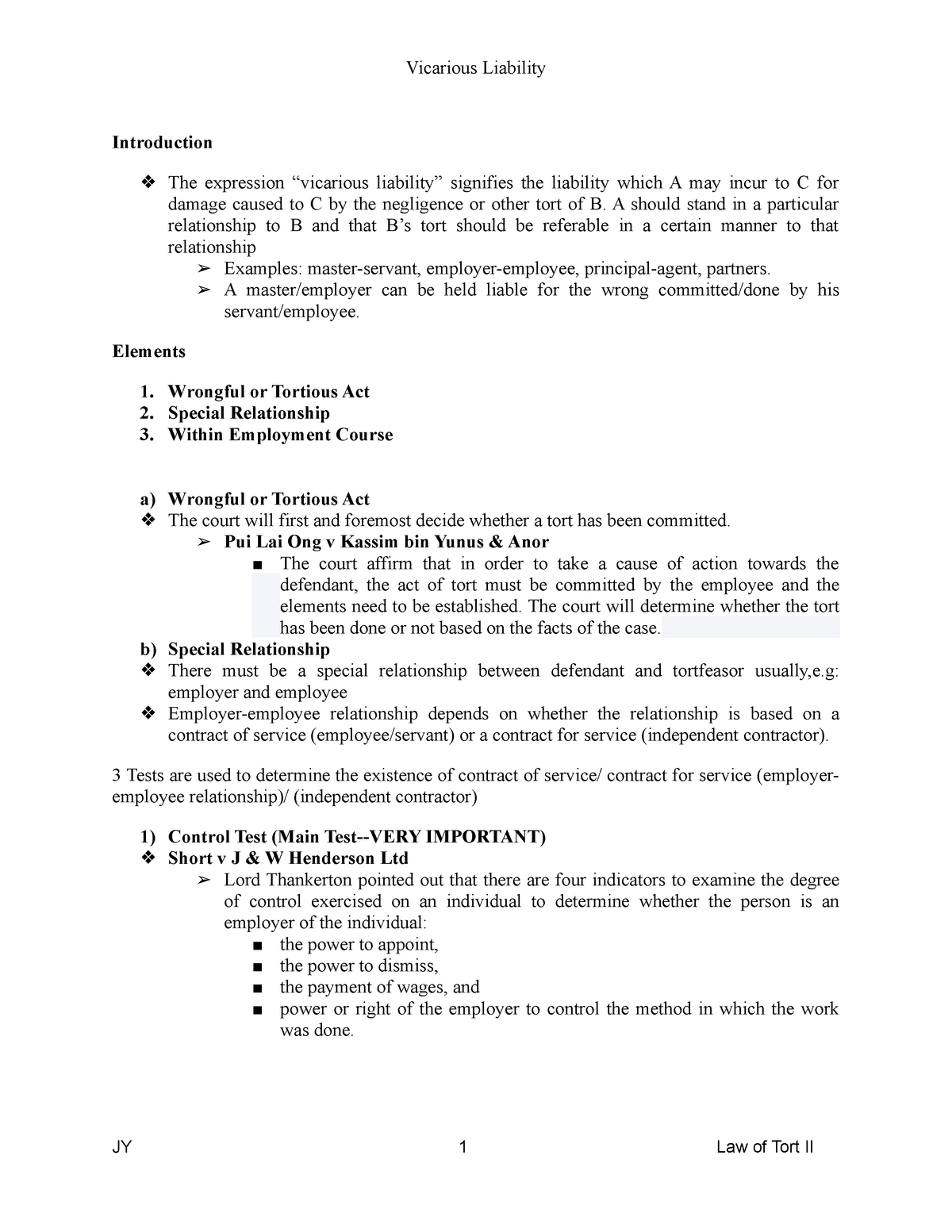 Vicarious Liability Law Of Tort 2 Ult 2622 Mmu Studocu