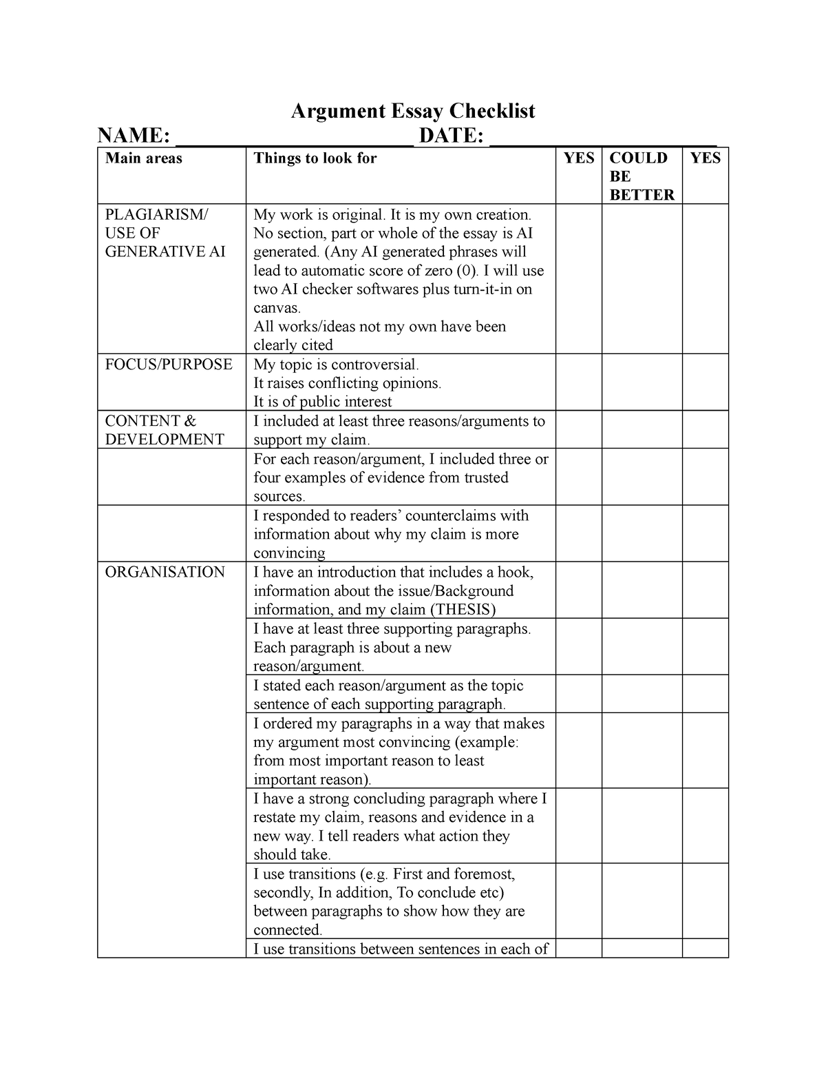 Argument Essay Checklist - Argument Essay Checklist NAME ...