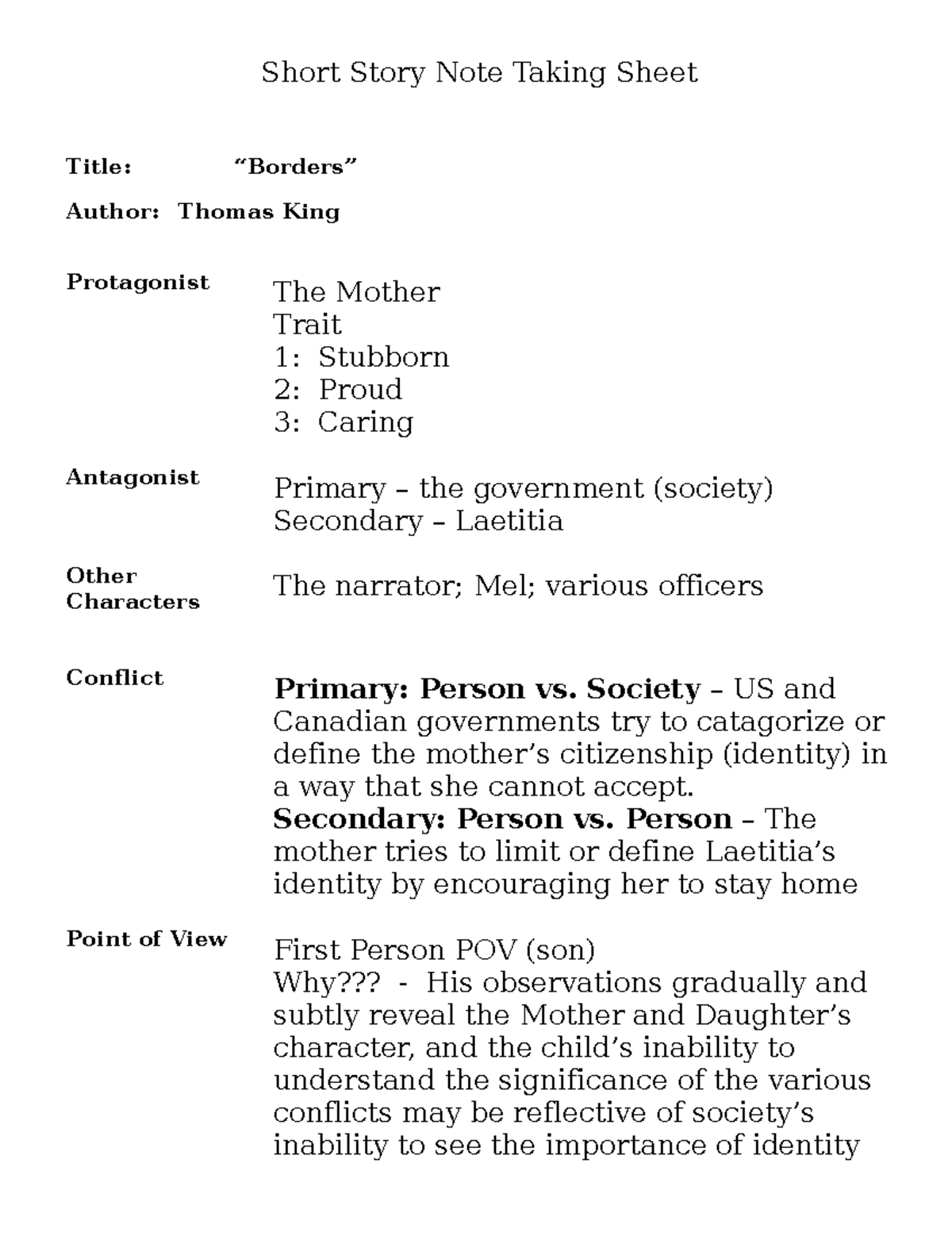 Borders note taking sheet Short Story Note Taking Sheet Title