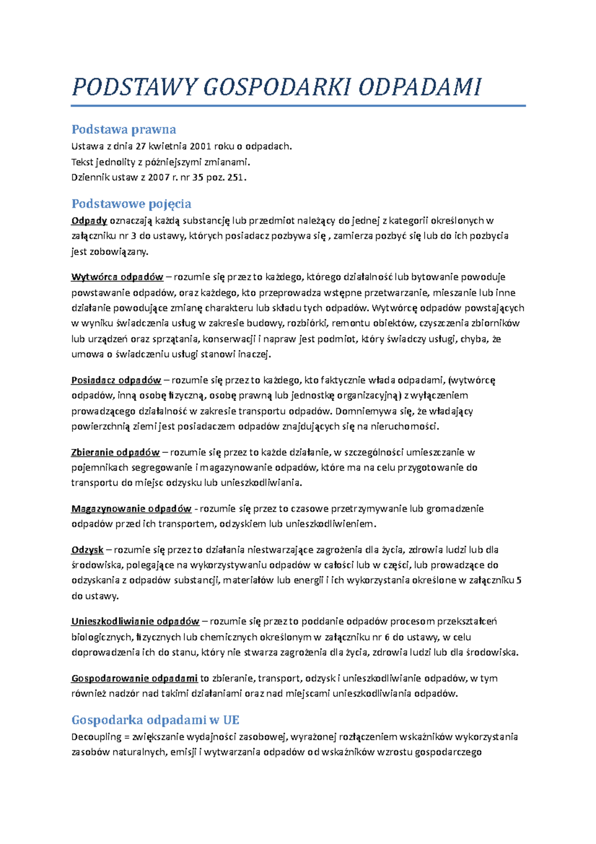 Podstawy Gospodarki Odpadami wykłady - PODSTAWY GOSPODARKI ODPADAMI
