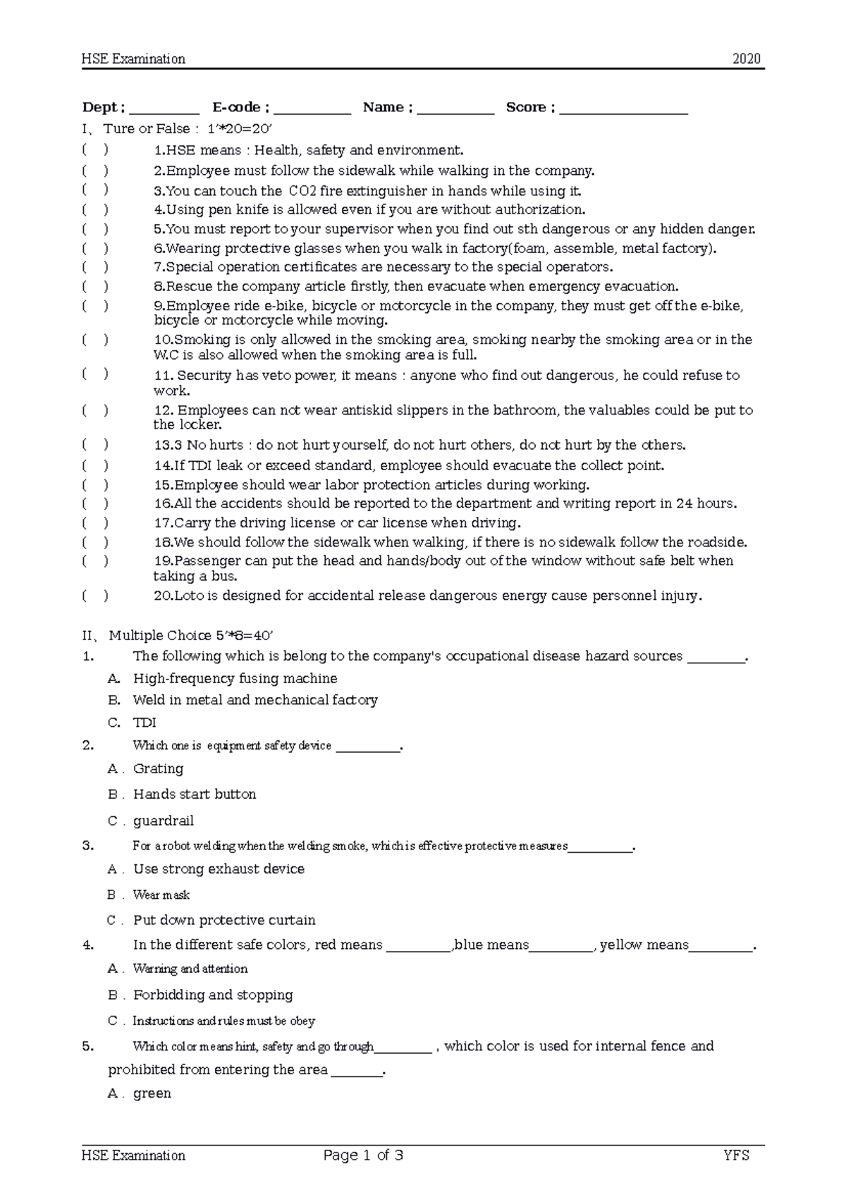 EHS- Exam - examen de seguridad - HSE Examination 2020 Dept ...