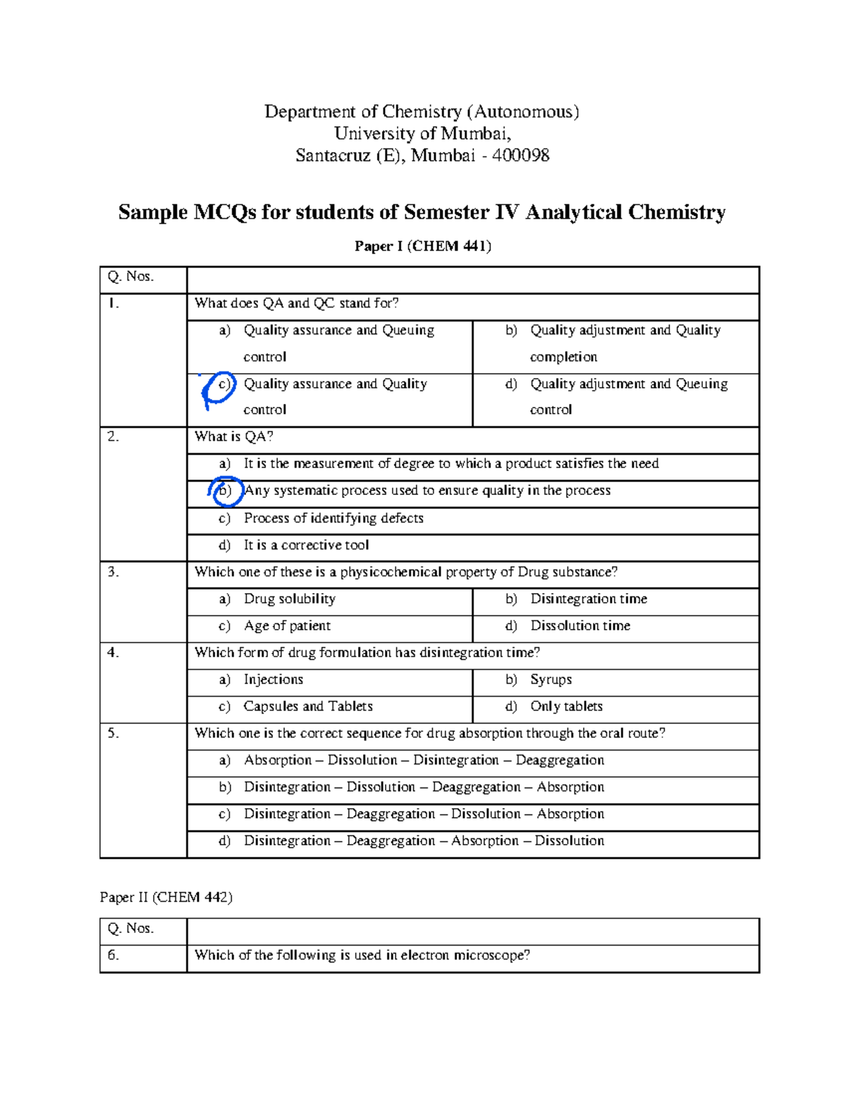 Sample MCQs for students of Semester IV Analytical Chemistry - Punjab ...