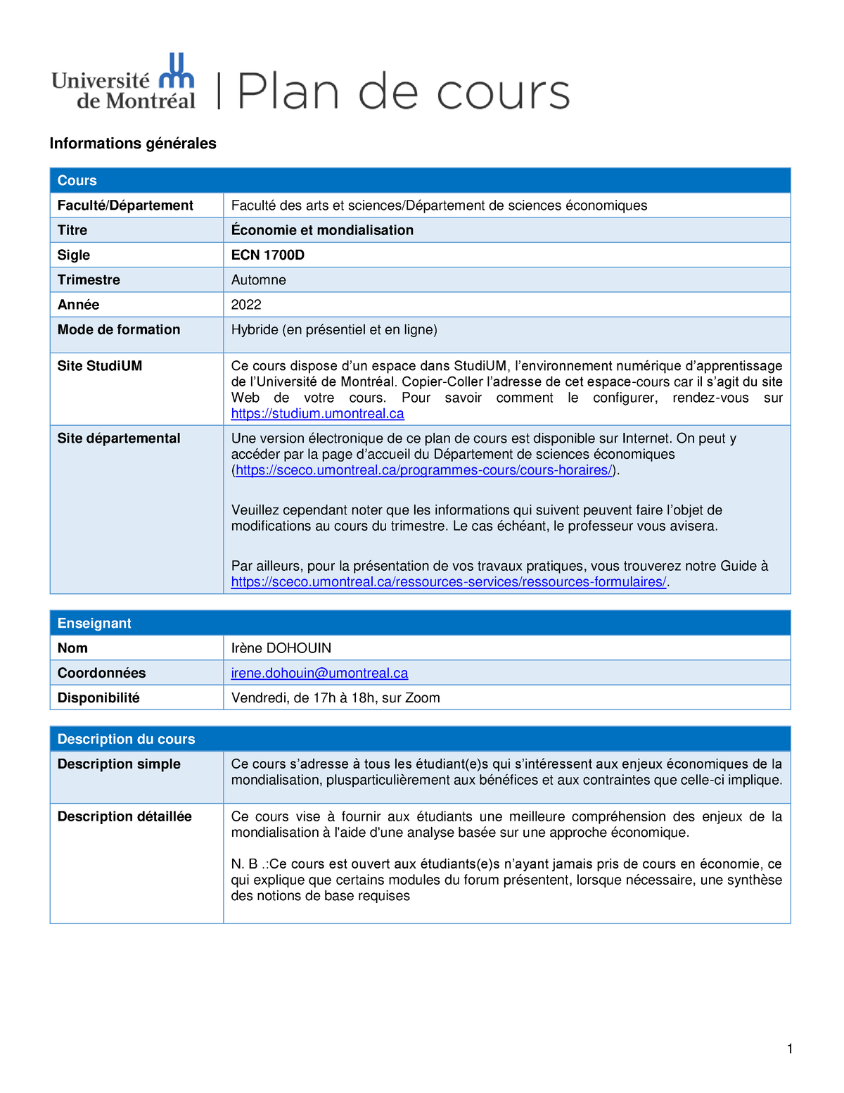 Ecn1700 D Plan De Cours 2022 1 Informations Générales Cours Facultédépartement Faculté Des