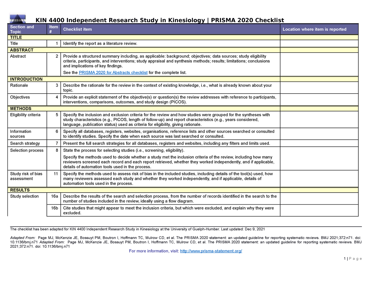 Prisma 2020 checklist GH - KIN 4400 Independent Research Study in ...
