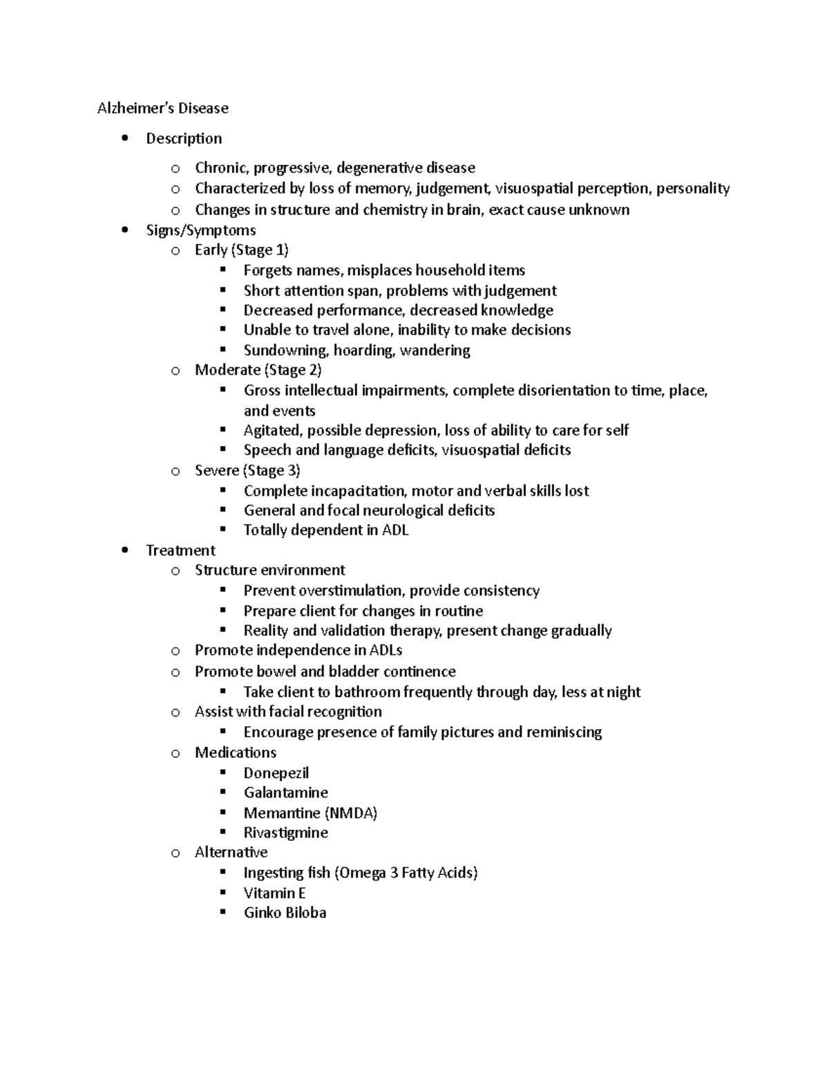 Alzheimer's Notes - Alzheimer’s Disease Description o Chronic ...