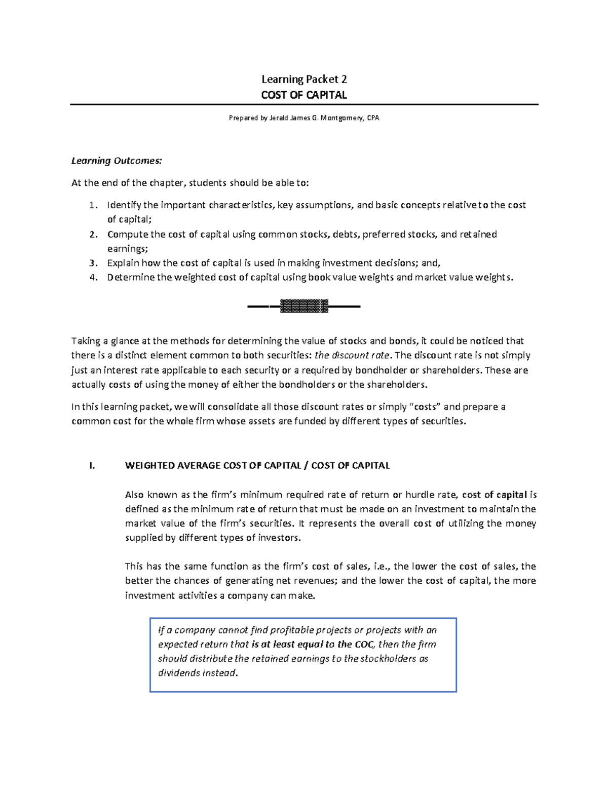 Learning Packet 2 Cost of Capital Copy 2 - If a company cannot find ...