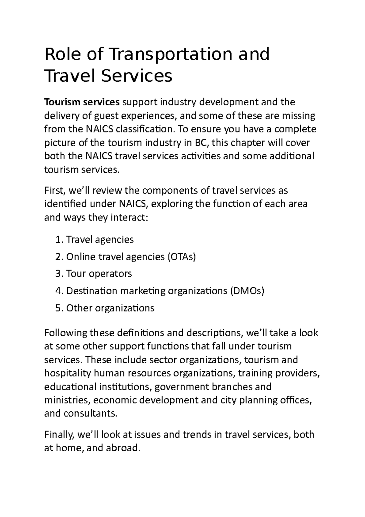 Role of Transportation and Travel Services - Role of Transportation and ...