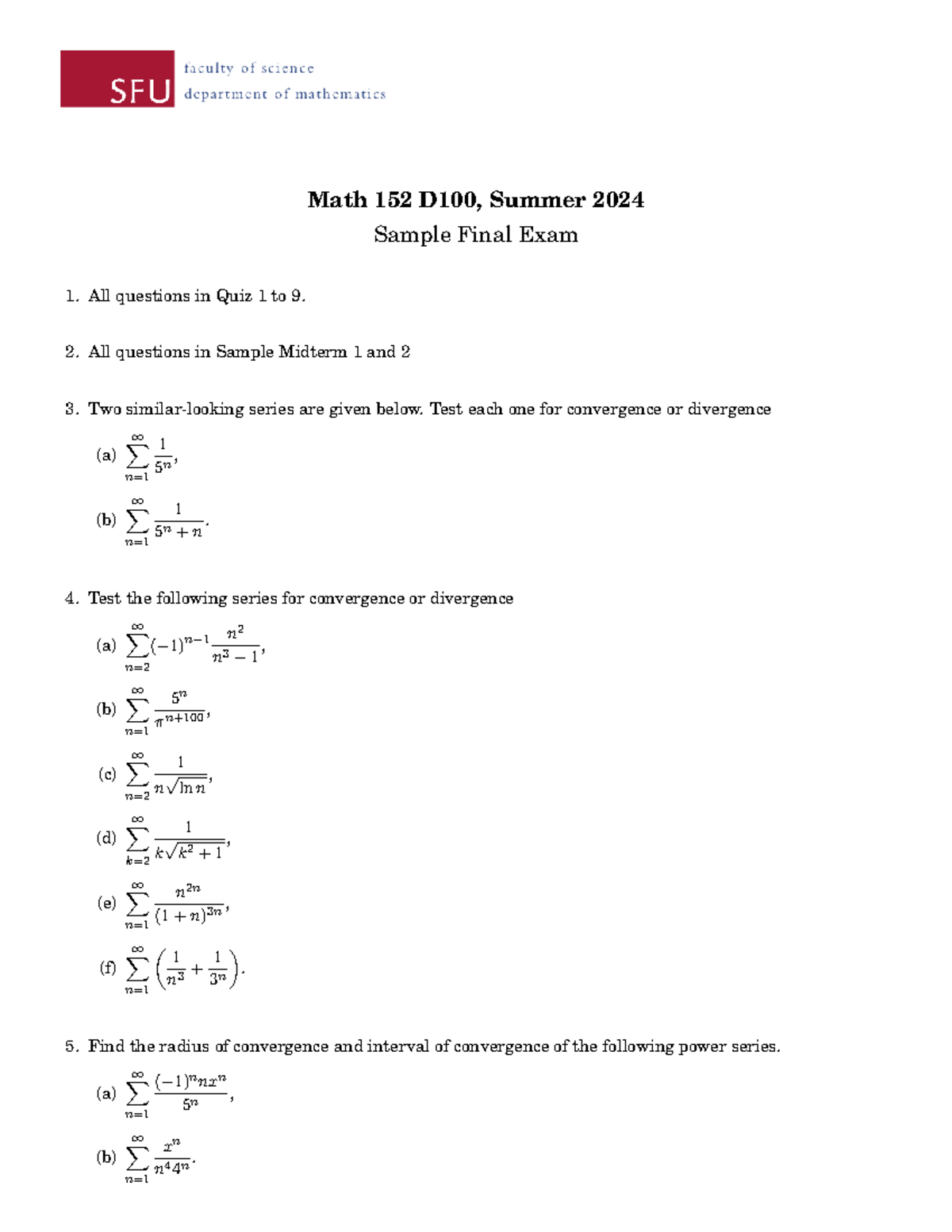 Sample Final - Math 152 D100, Summer 2024 Sample Final Exam All ...
