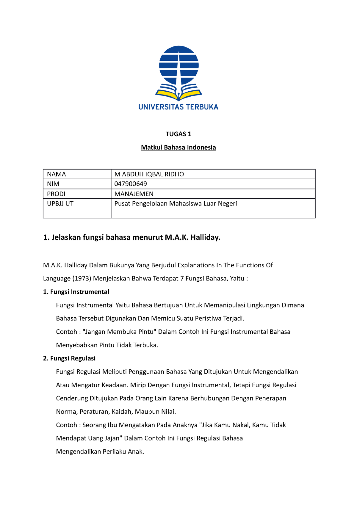 Tugas 1 Bahasa Indonesia - TUGAS 1 Matkul Bahasa Indonesia NAMA M ABDUH ...