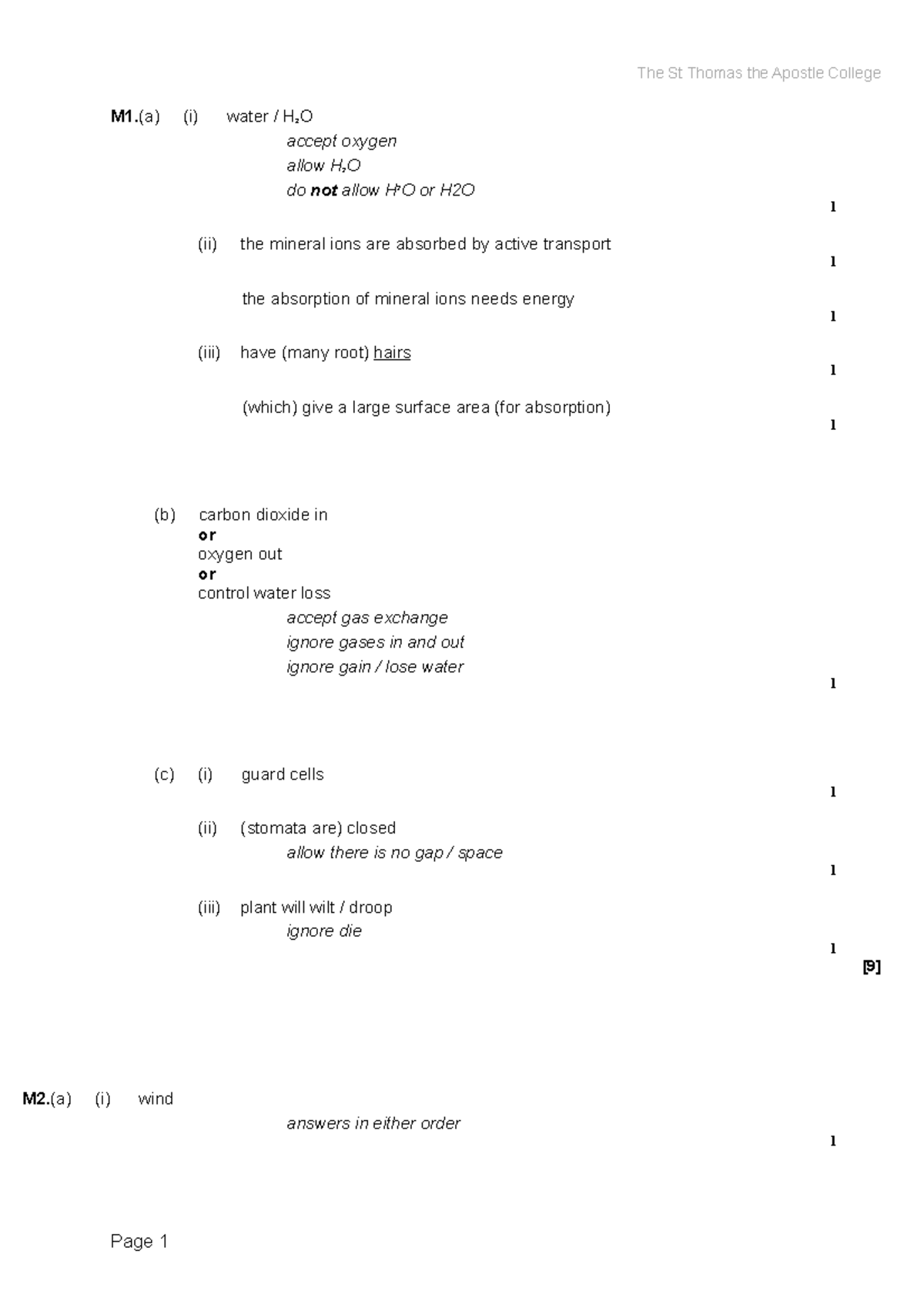 b4-organisation-in-plants-mark-scheme-m1-a-i-water-h-2-o-accept