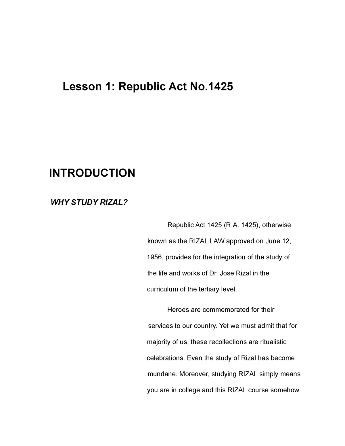 Rizal Lesson 1 - Lecture Notes 1, 2, 3 - Lesson 1: Republic Act No ...