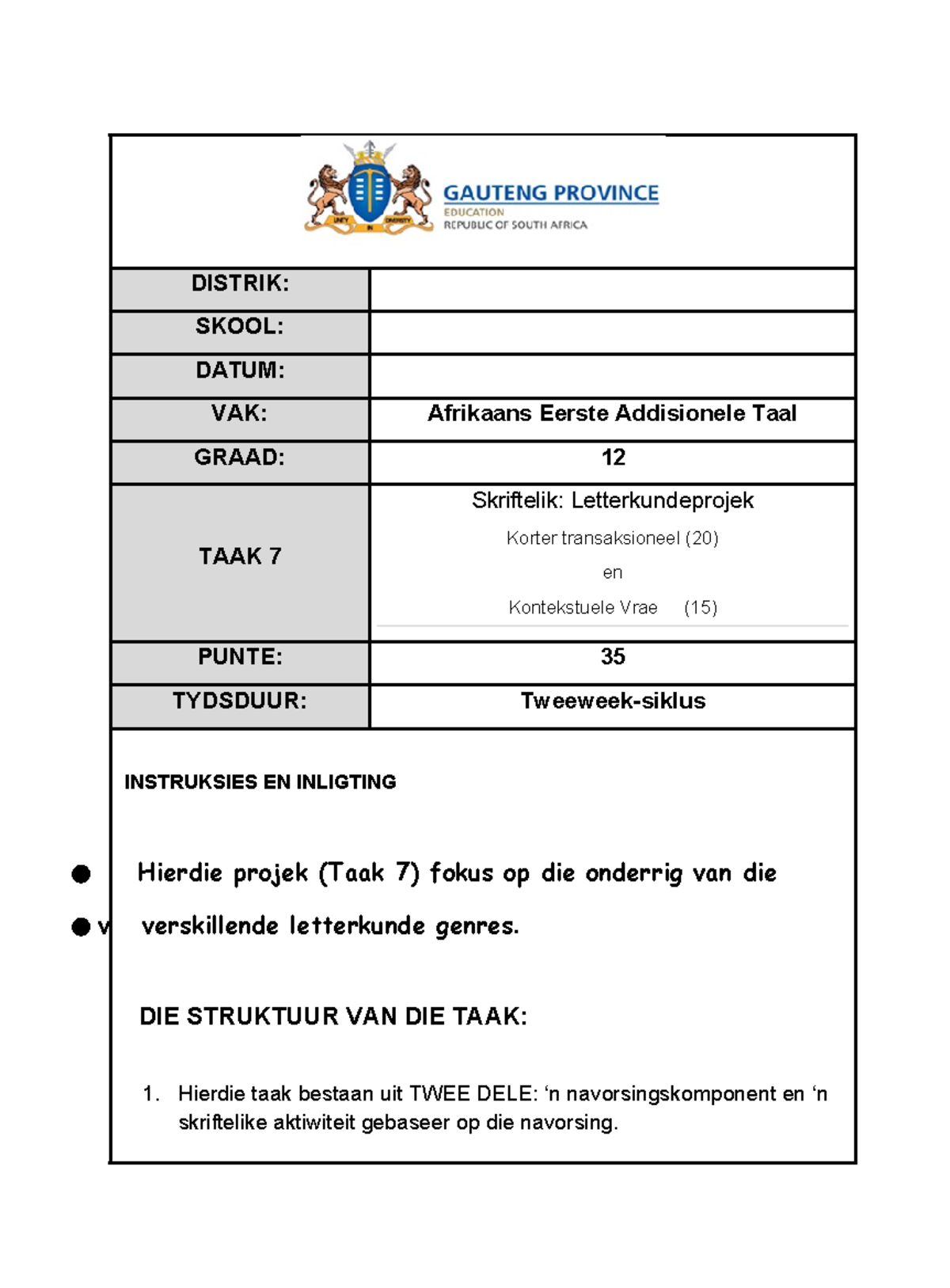 Letterkunde TAAK Graad 12 EAT 2024 - DISTRIK: SKOOL: DATUM: VAK ...