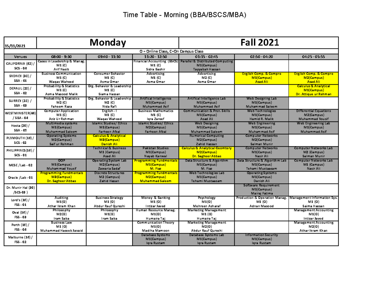 Timetable Fall 21 Morning - Venues 08:00 ‐ 9:30 09:40 ‐ 11:10 11:20 ...