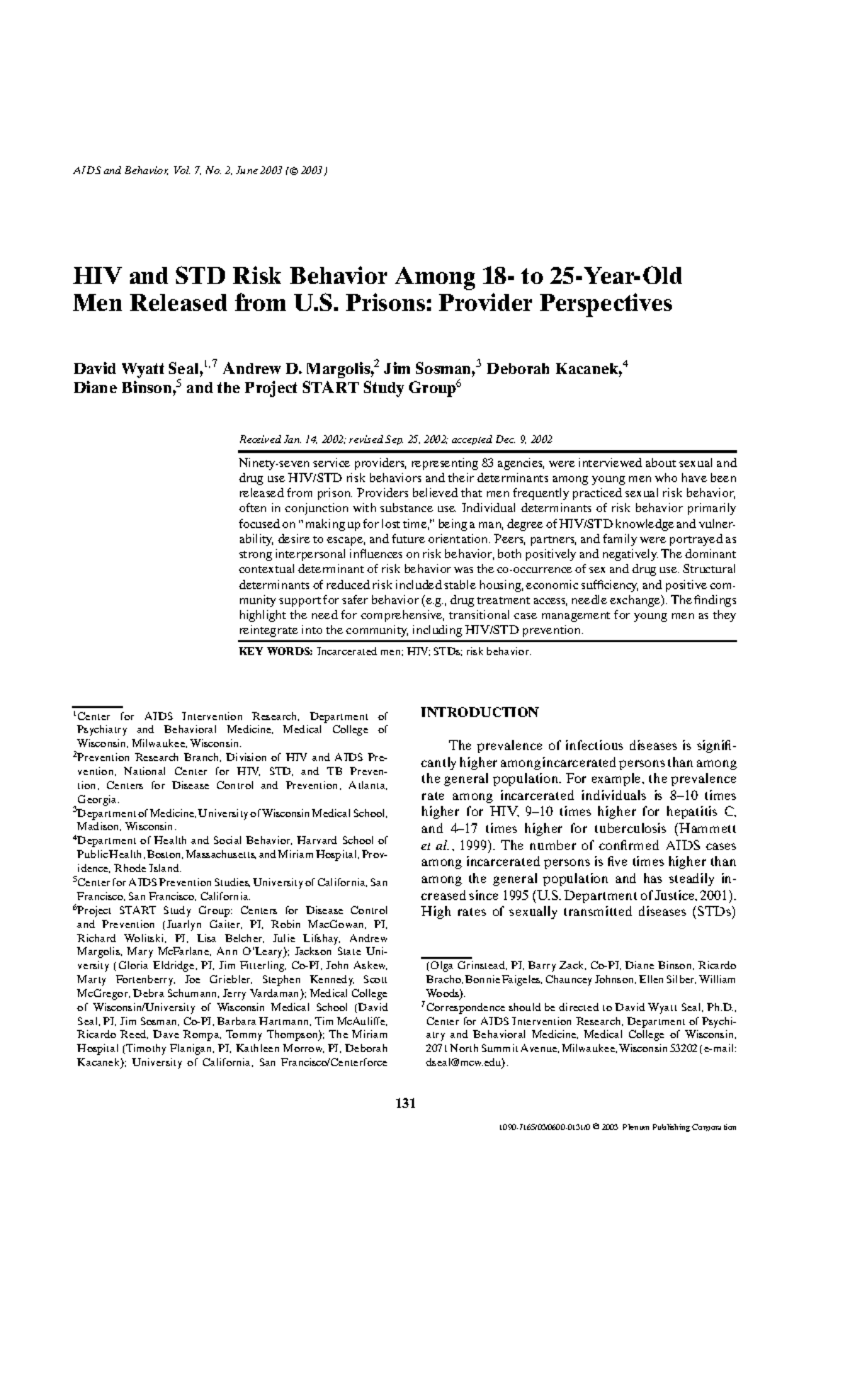 HIV and STD Risk Behavior Among 18 to 25 AIDS and Behavior, Vol. 7