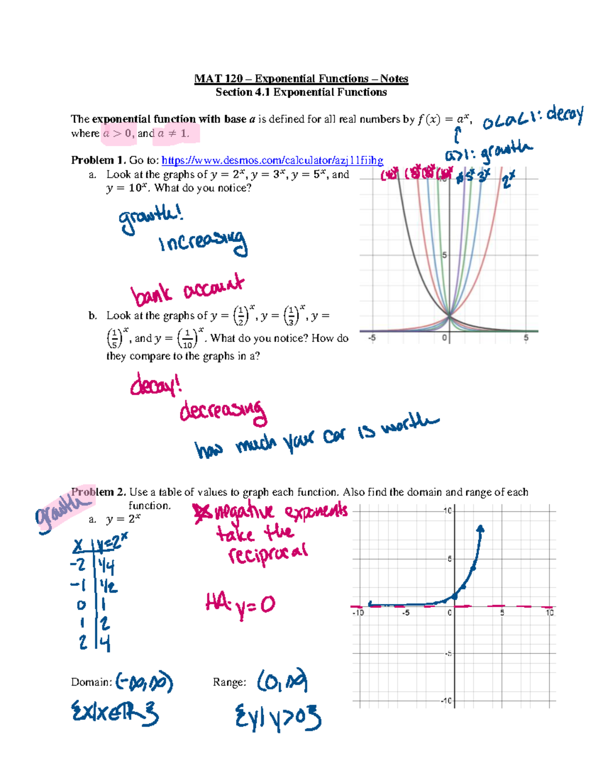 MAT 120 - Notes - 4.1-4.2 - key - MAT 120 – Exponential Functions ...
