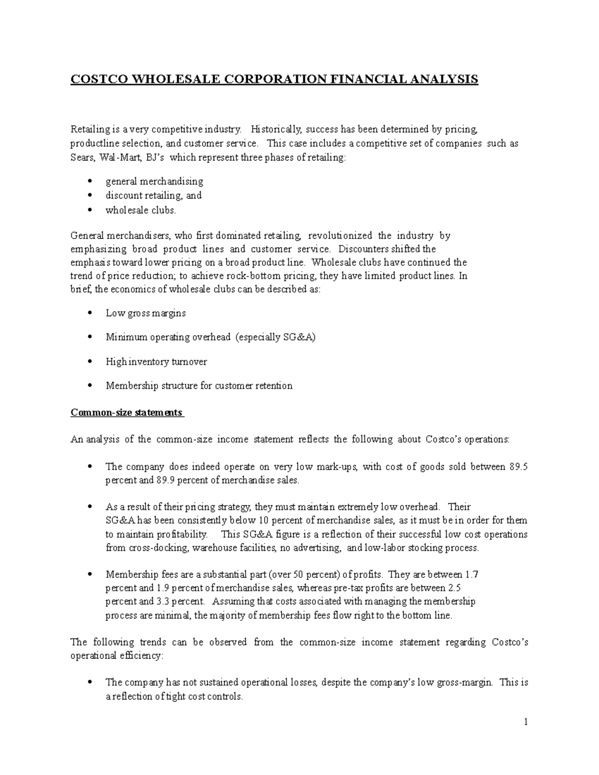 costco wholesale corporation financial statement analysis case study