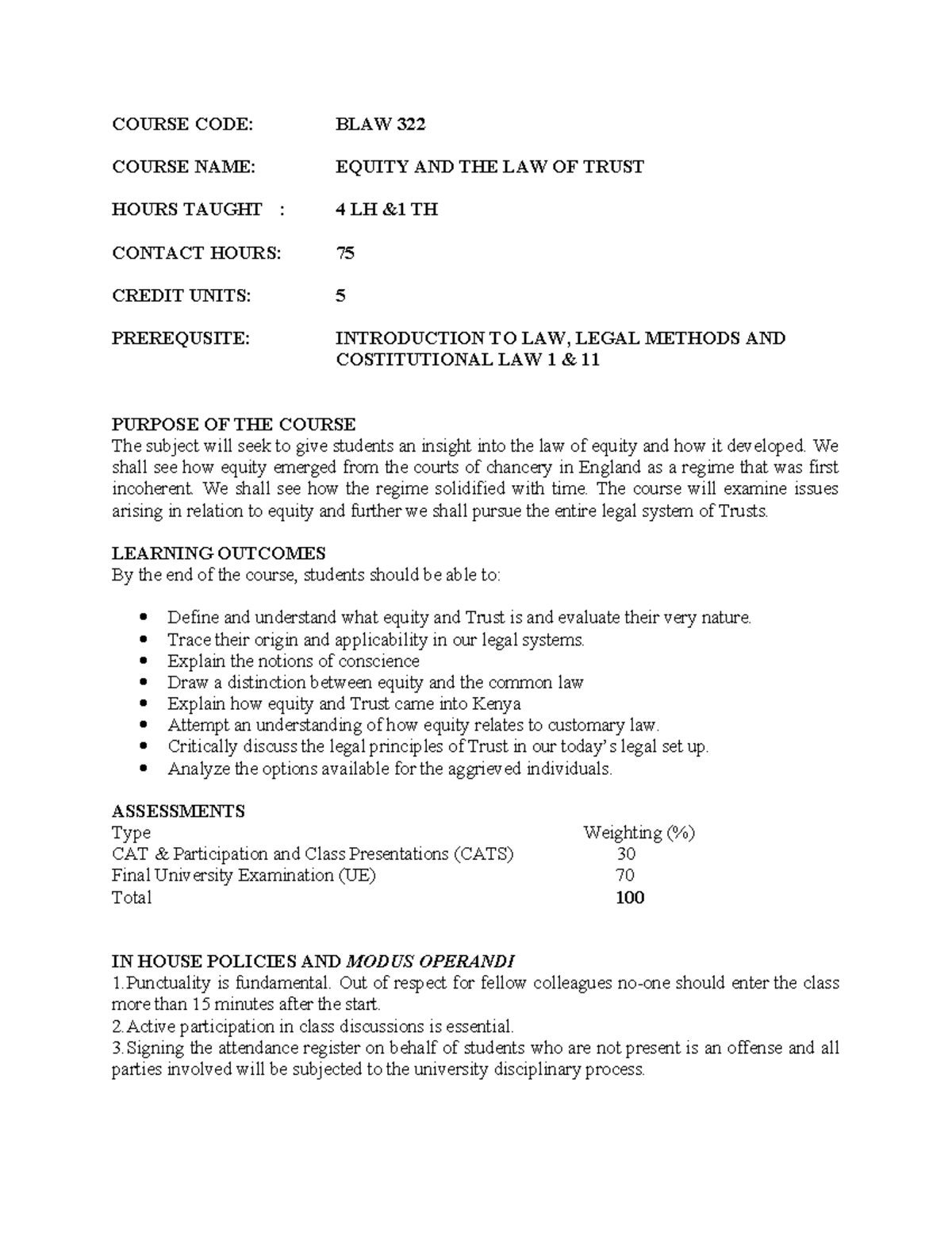 Equity AND Trust Course Outline - COURSE CODE: BLAW 322 COURSE NAME ...