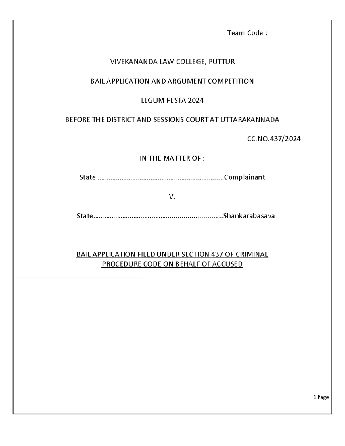 Bail Application for new law students - Team Code : VIVEKANANDA LAW ...