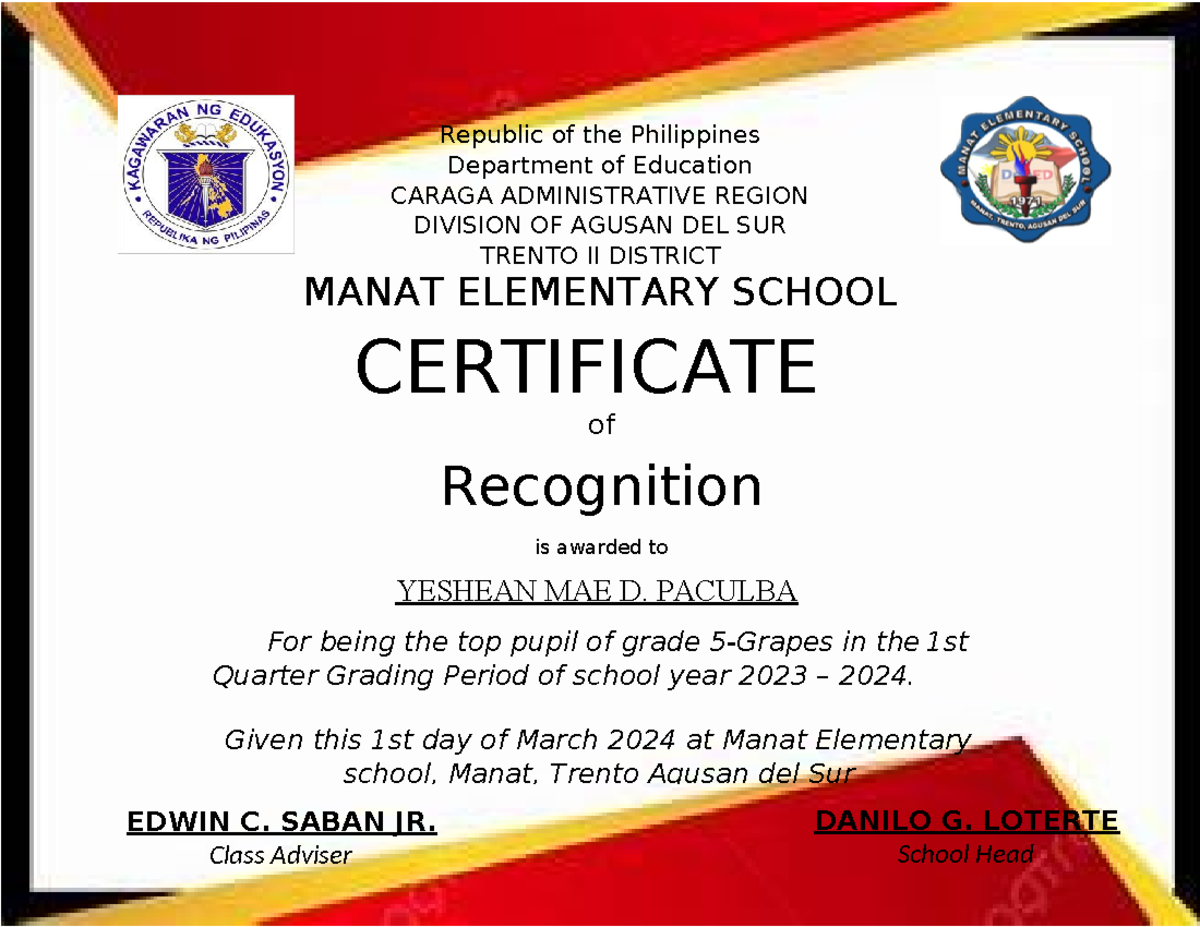 Certificate card day - MANAT ELEMENTARY SCHOOL CERTIFICATE of ...