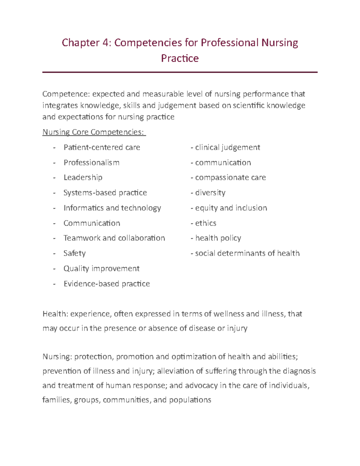 Chapter 4 - international healthcare - Chapter 4: Competencies for ...