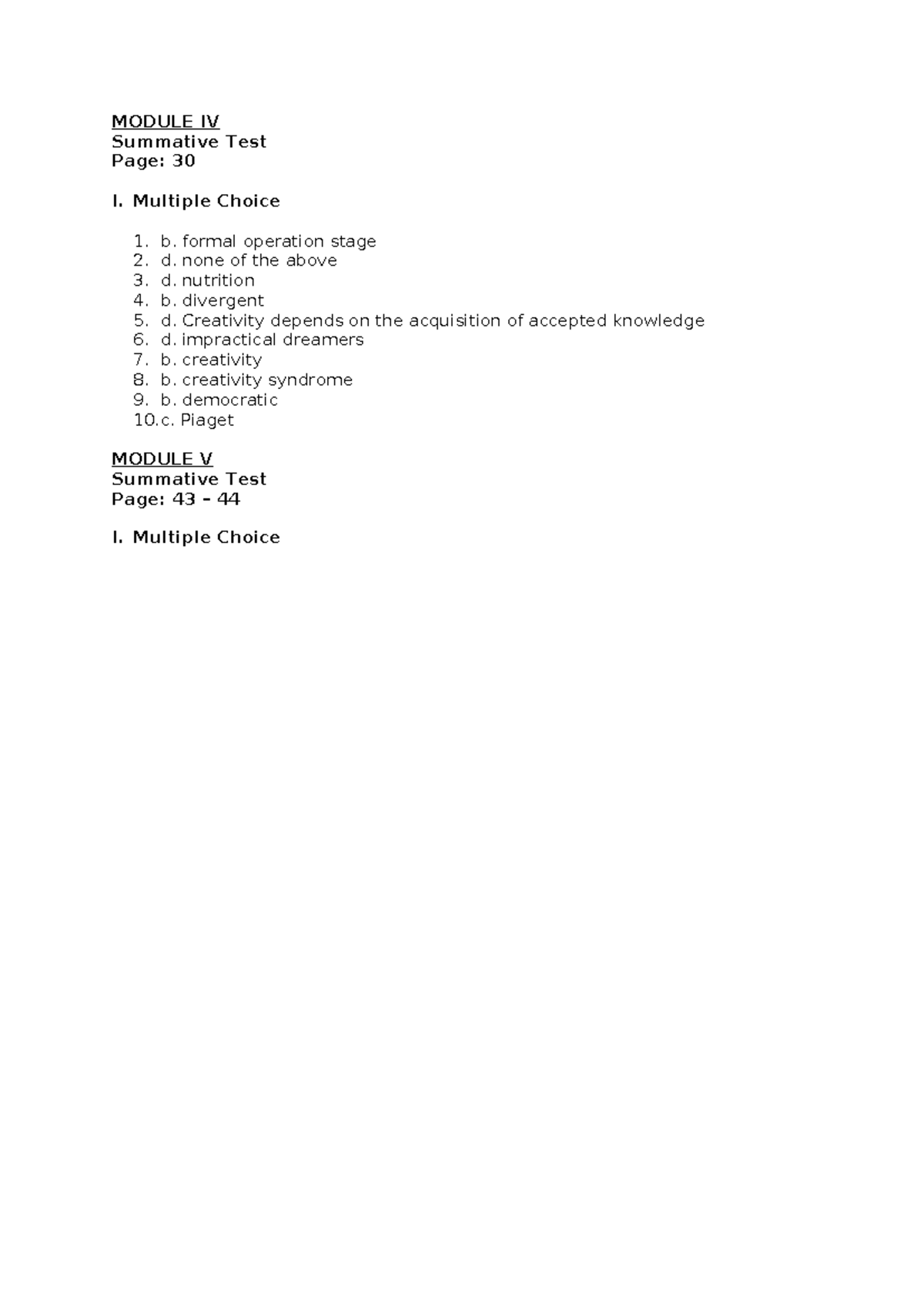 Child - MODULE IV Summative Test Page: 30 I. Multiple Choice 1. b ...