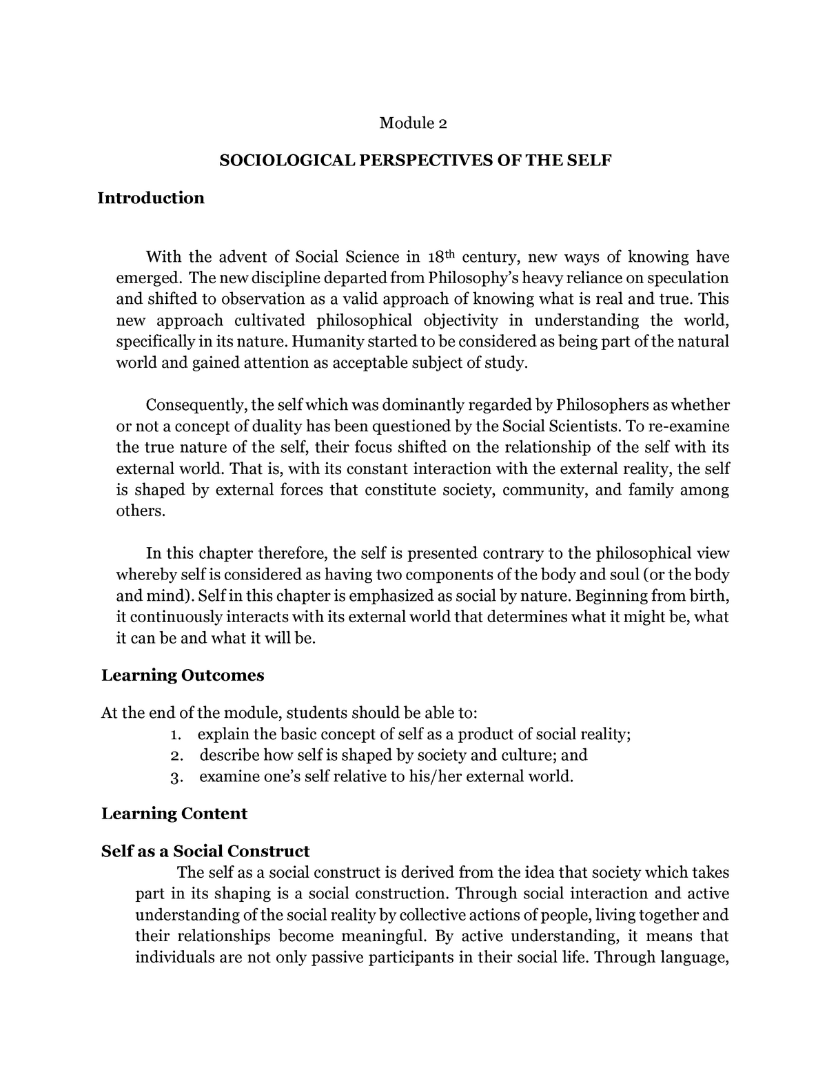 Module 2 Sociological Perspectives OF THE SELF Module 2 