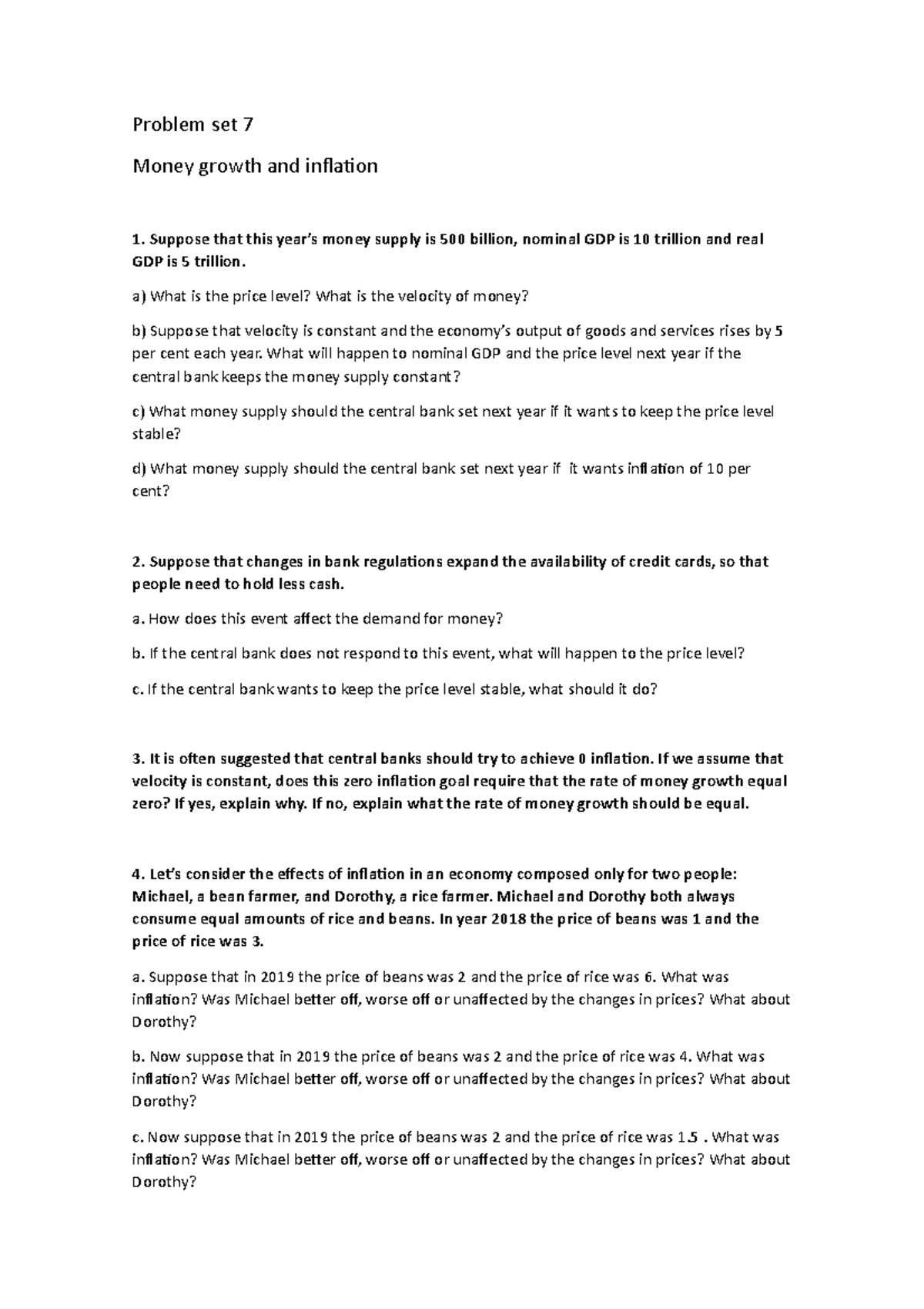 Problem set 7 money growth and inflation - Suppose that this year’s ...