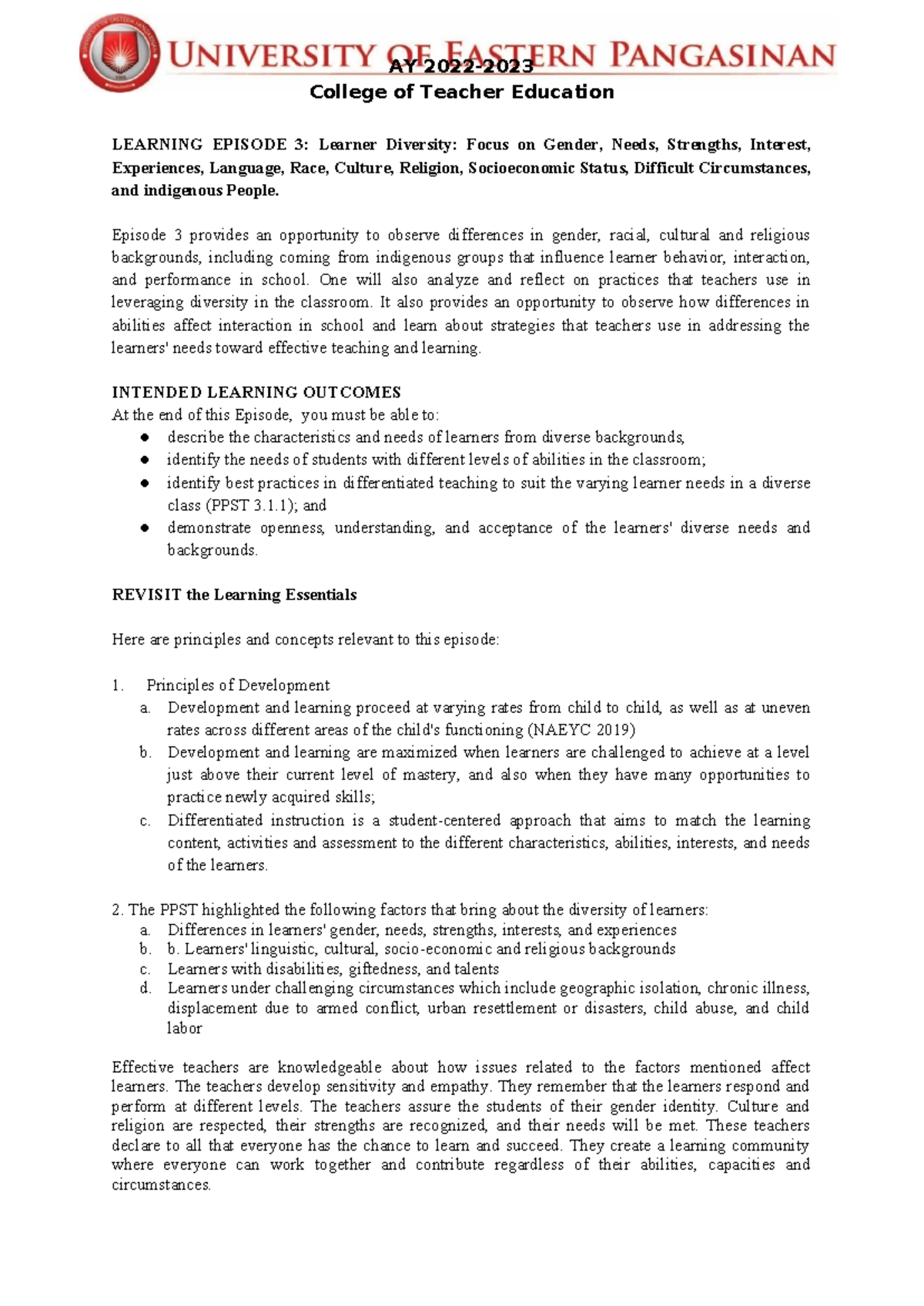 FS 1 Learning Episode 3 - Summary Field Study - College of Teacher ...