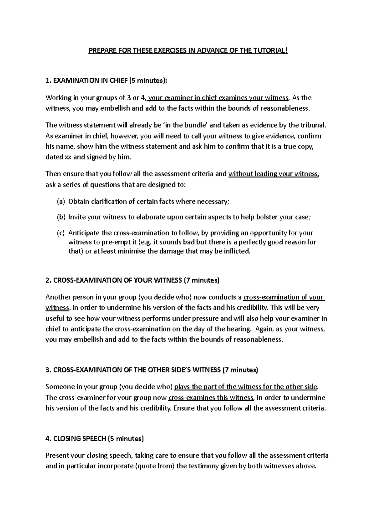 Advocacy tutorial 2 - PREPARE FOR THESE EXERCISES IN ADVANCE OF THE ...