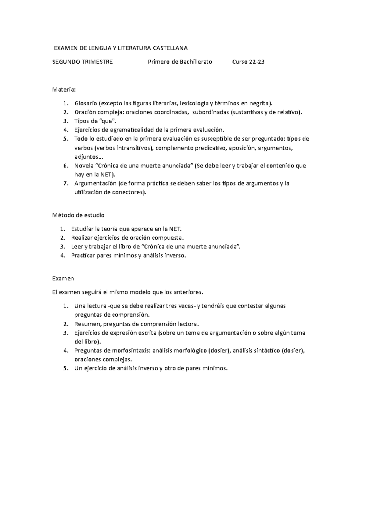 1r Batx. Segundo Trimestre. Examen De Lengua Y Literatura Castellana ...