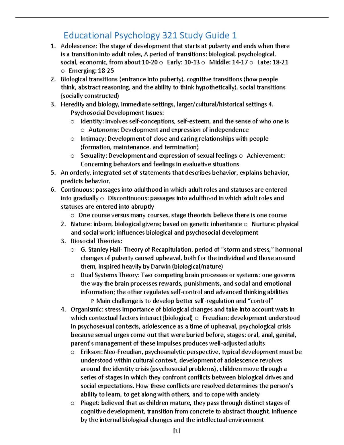 Educational Psychology 321 Study Guide 1 - Educational Psychology 321 ...