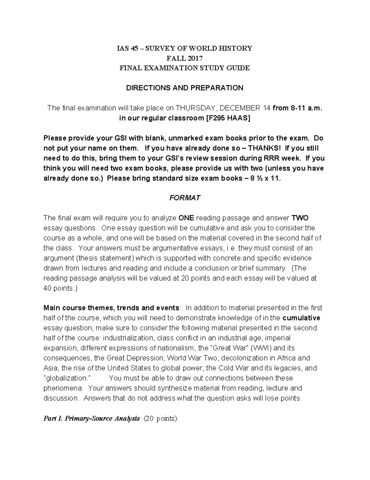 IAS 45 Final Study Guide - IAS 45 – SURVEY OF WORLD HISTORY FALL 2017 ...