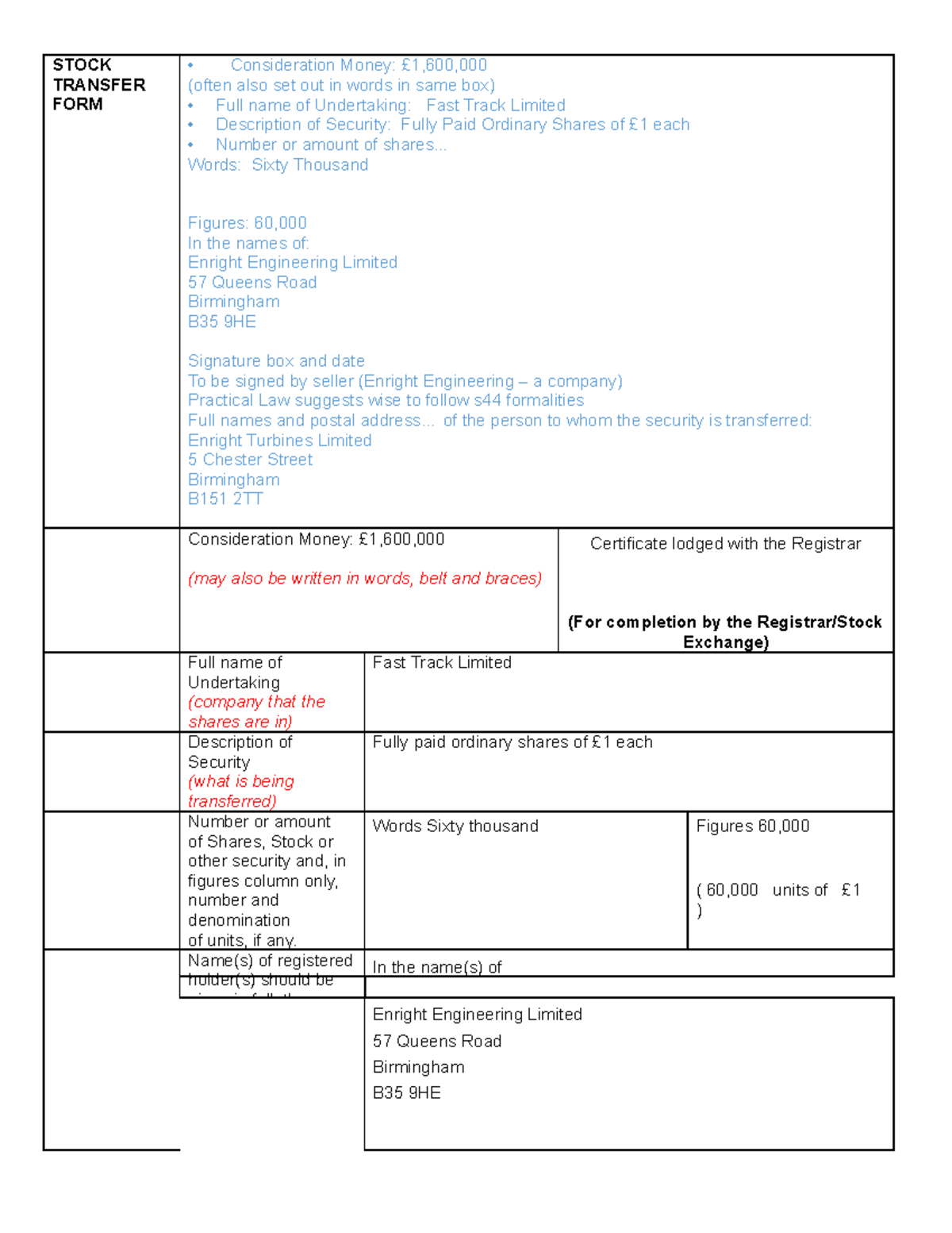 Stock Transfer Form Annotated STOCK TRANSFER FORM Consideration 