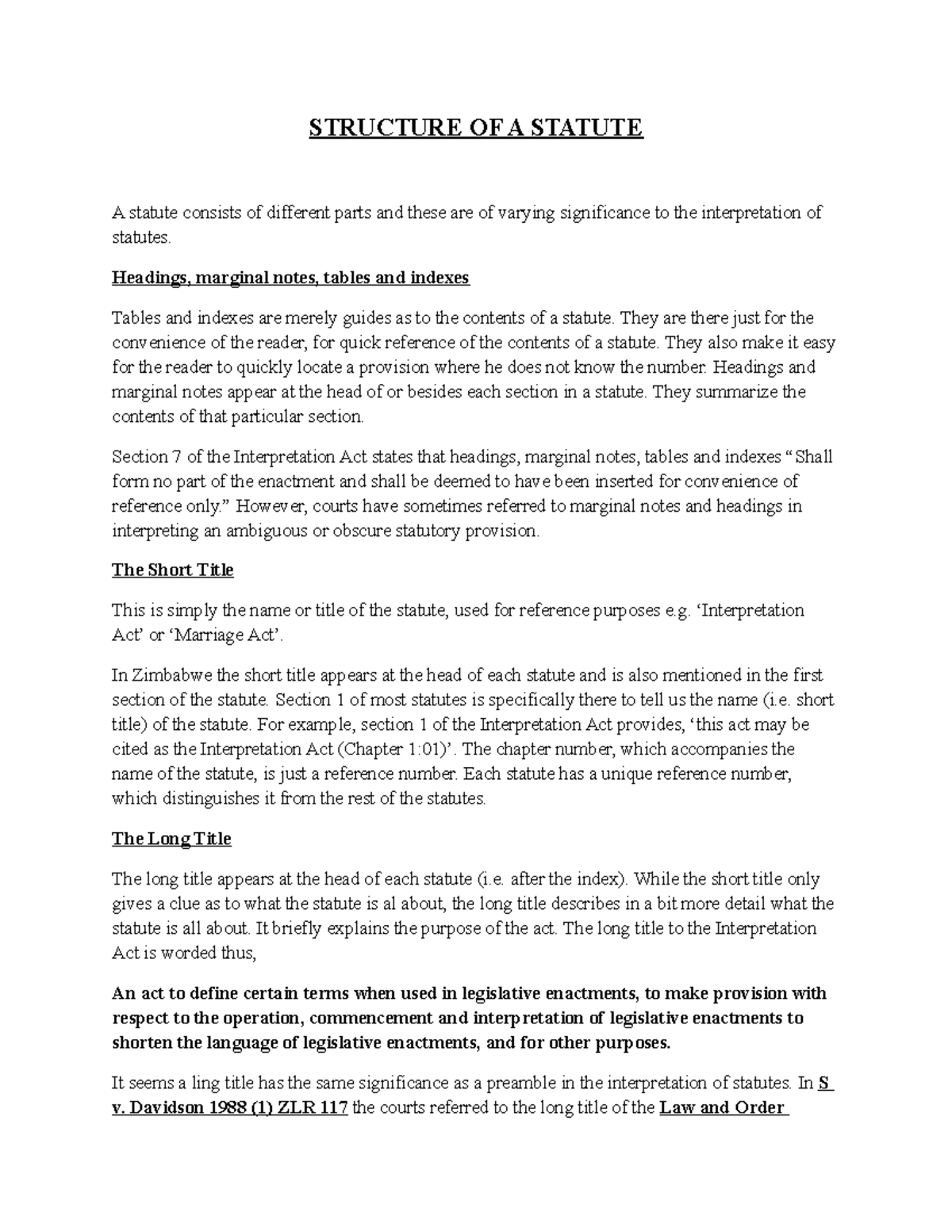 2. Structure OF A Statute - STRUCTURE OF A STATUTE A statute consists ...