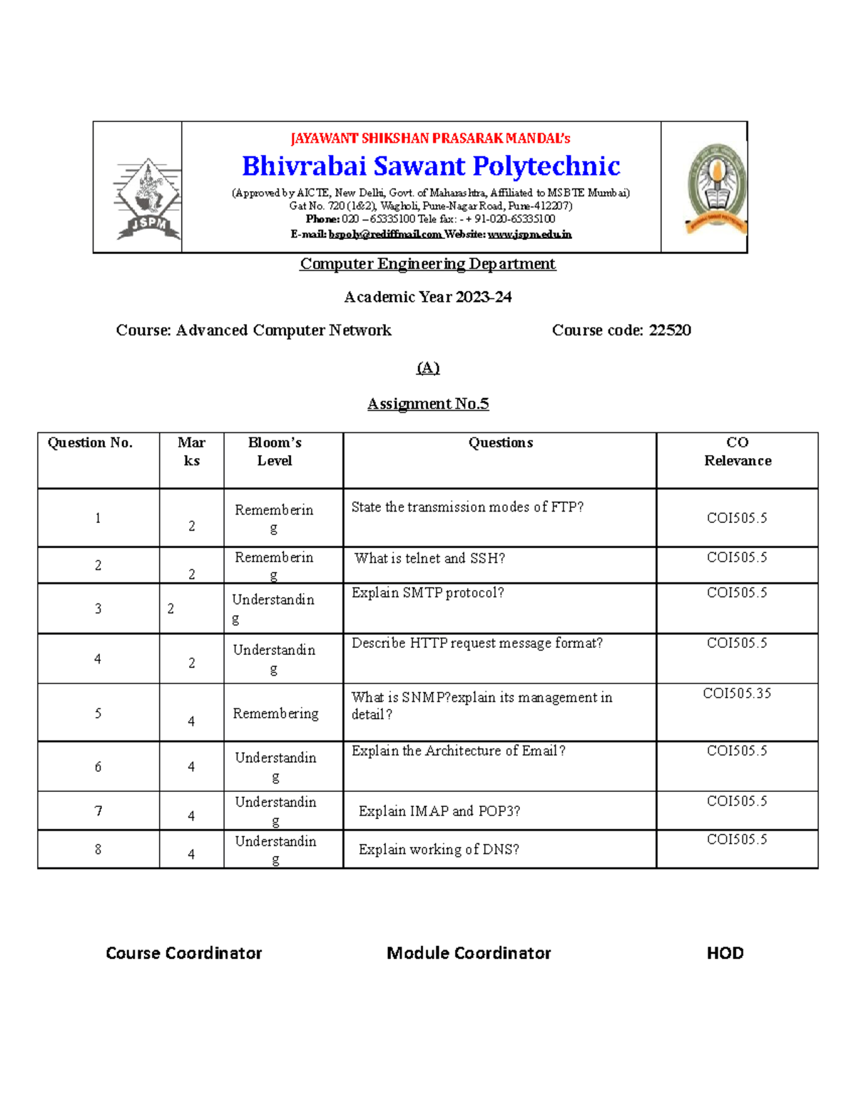 Assignment NO 5(A)ACN - JAYAWANT SHIKSHAN PRASARAK MANDAL’s Bhivrabai ...