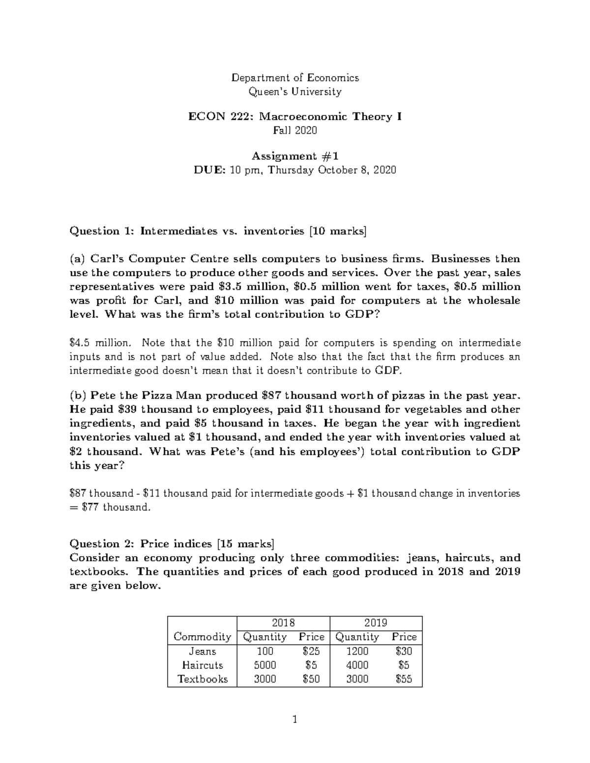 macro assignment 1 - Department of Economics Queen’s University ECON ...
