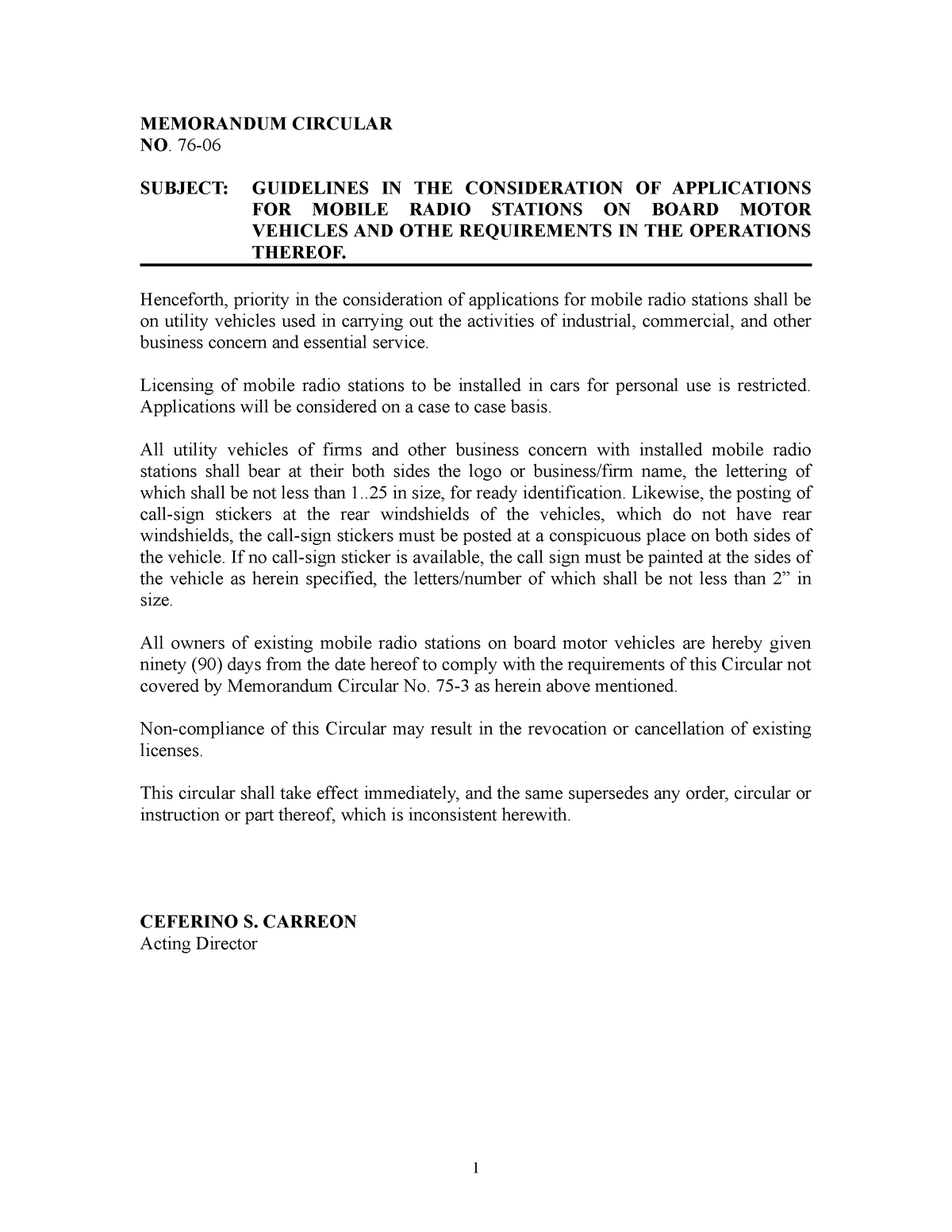 MC 76-06 - MC for reference - MEMORANDUM CIRCULAR NO. 76- SUBJECT ...