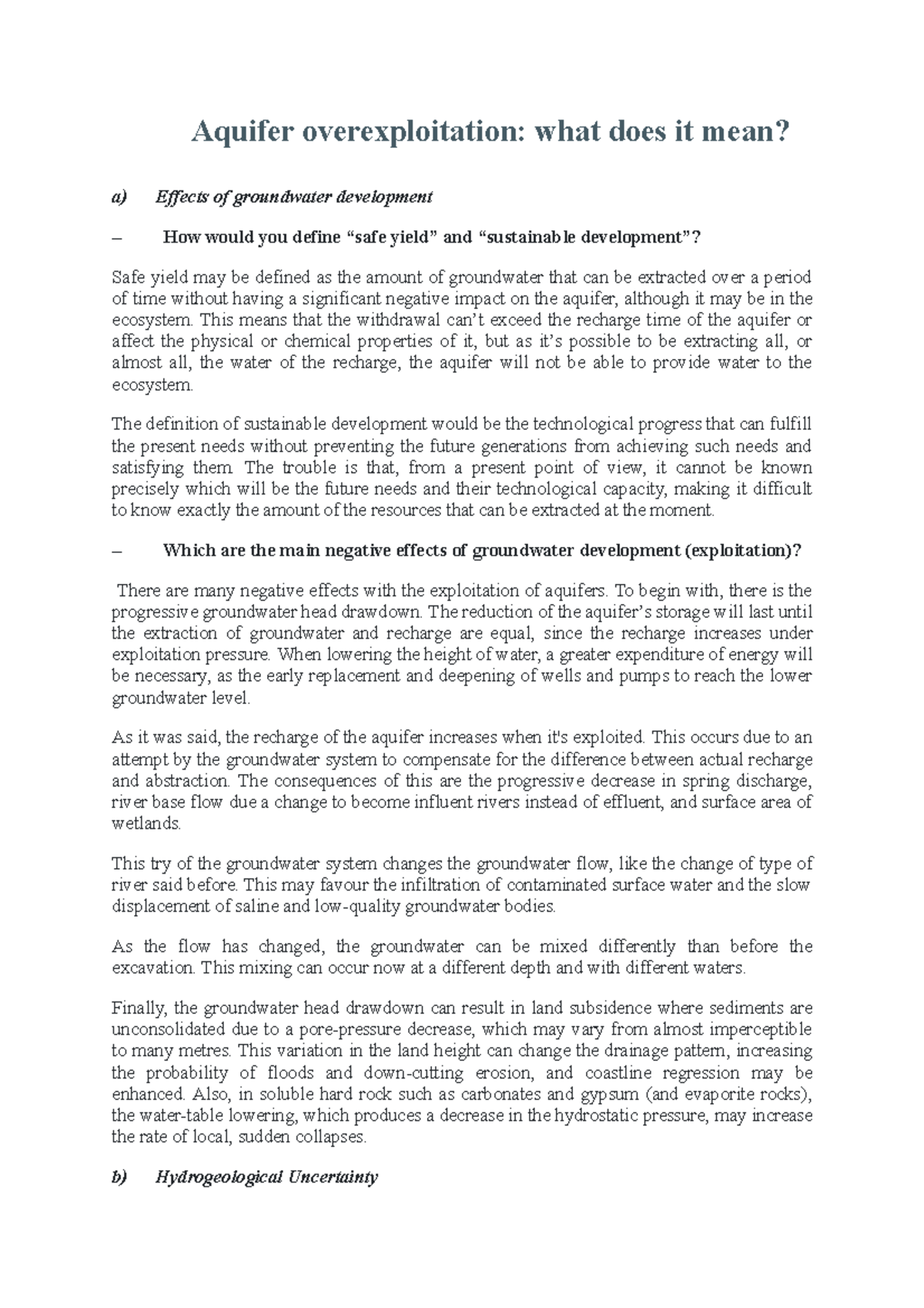 Aquifer overexploitation what does it mean This means that the