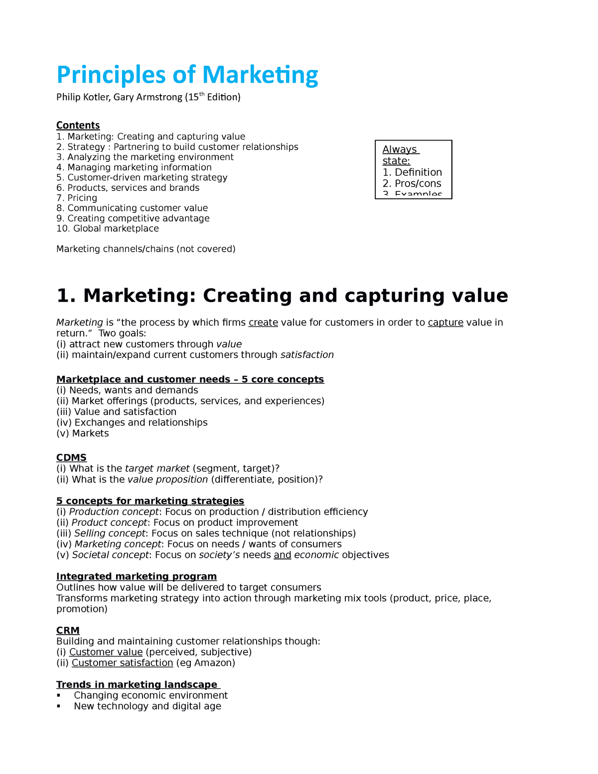 Principles Of Marketing Summary Principles Of Marketing Philip Kotler Gary Armstrong 15th 