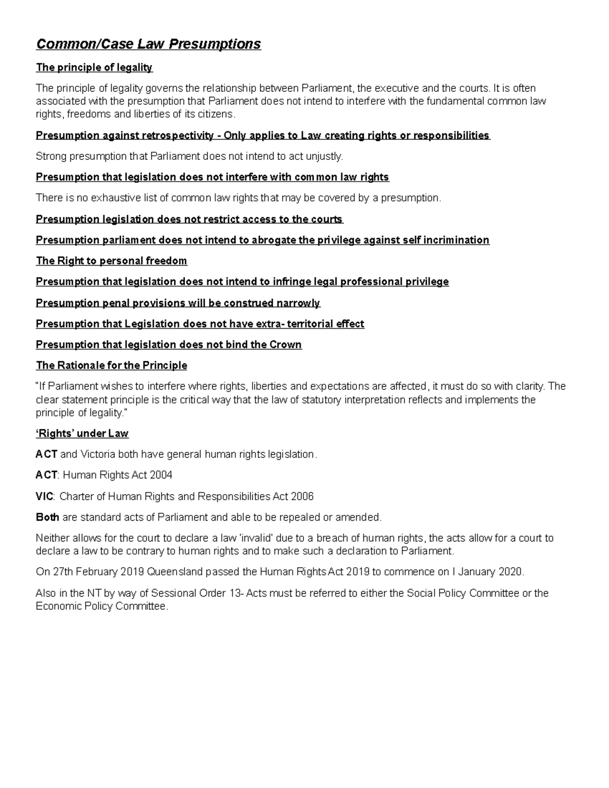 Common law Presumptions Common/Case Law Presumptions The principle of