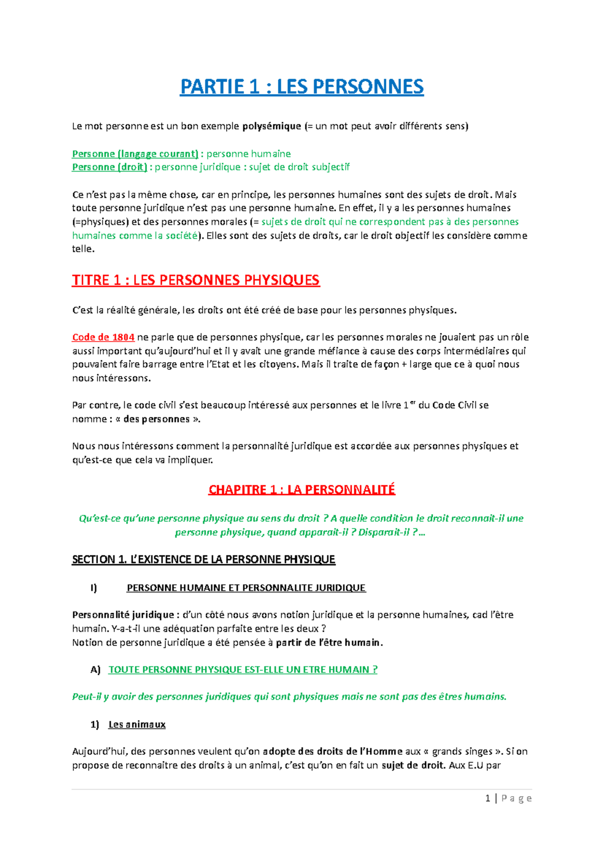 Chapitre 1 Cours Droit civil PARTIE 1 LES PERSONNES Le mot