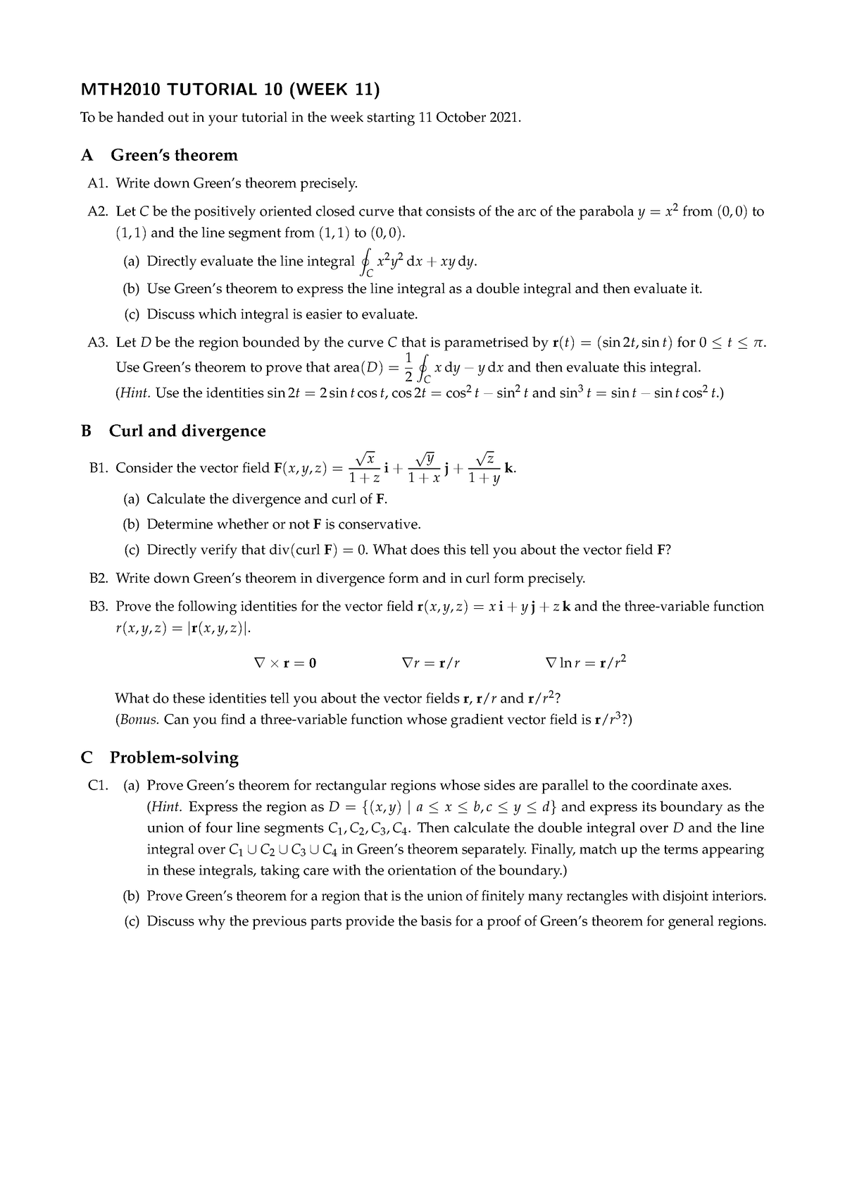 MTH2010-Tutorial-10 - Calculus Tutorial Paper - MTH2010 TUTORIAL 10 ...