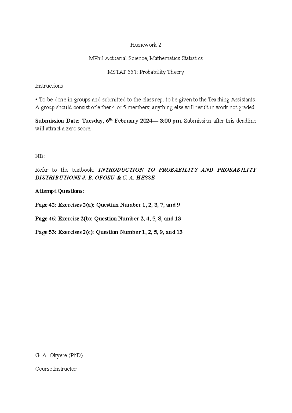 Mstat 551 Homework 2 - Practice Material - Homework 2 MPhil Actuarial ...