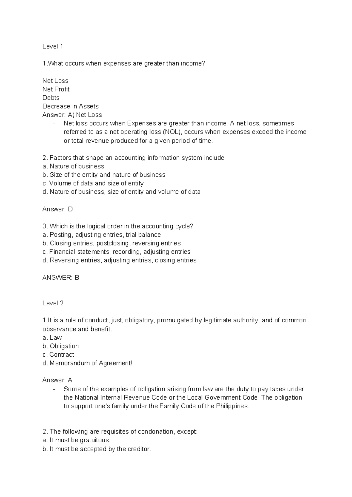 Clincher - Notes - Level 1 1 occurs when expenses are greater than ...